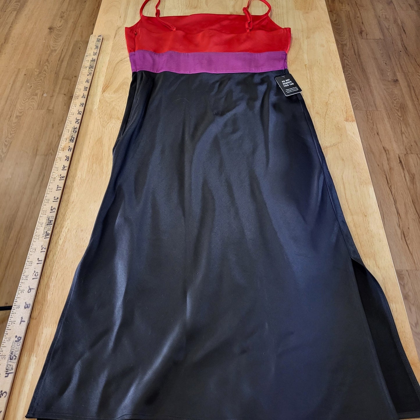Express Color Block Satin Spaghetti Strap Red Pink & Black Midi Side Slit small