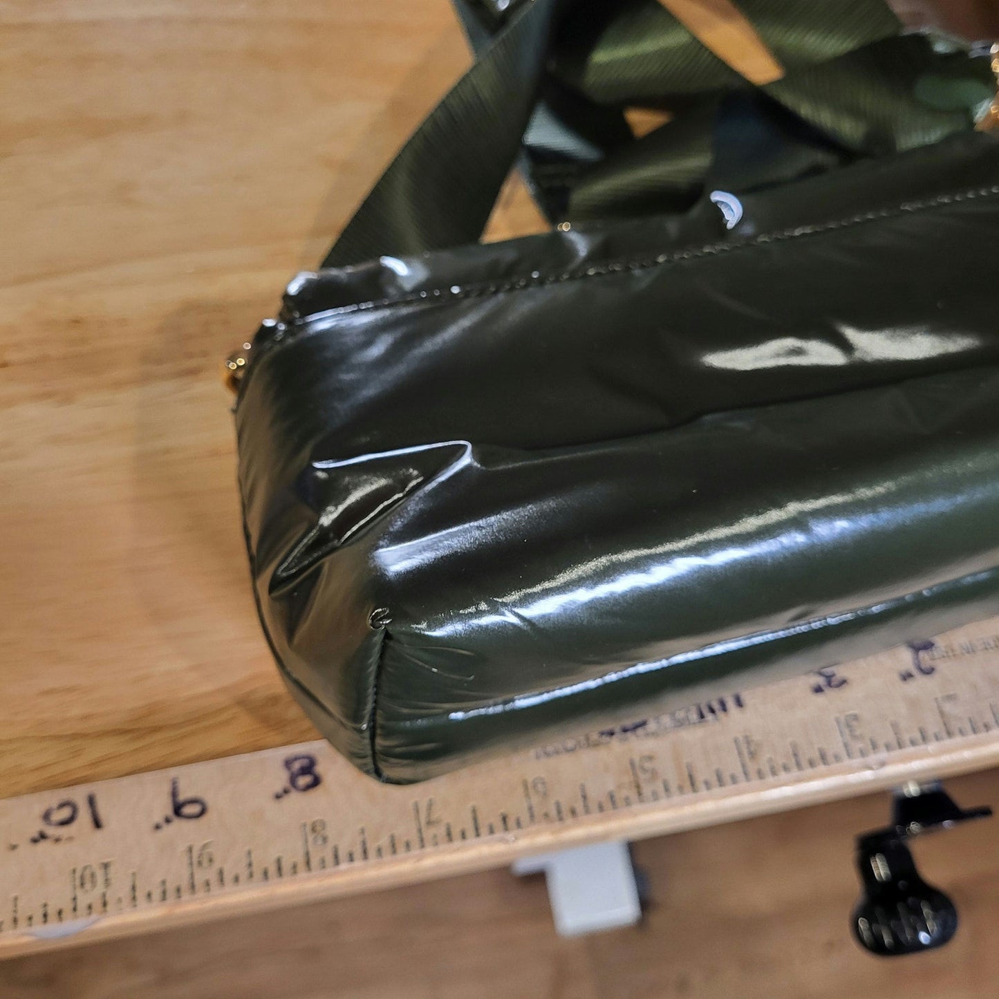 A New Day Green Puffer Purse Nylon Strap Gold Hardware 8" X 5"