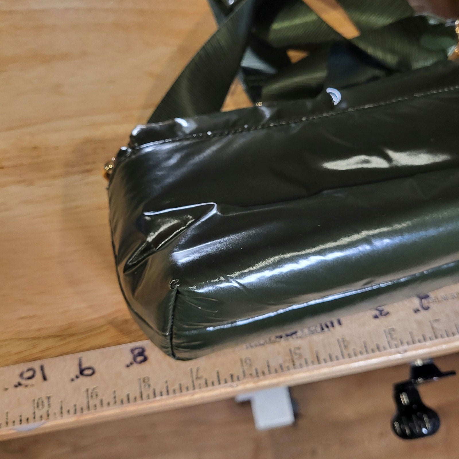 A New Day Green Puffer Purse Nylon Strap Gold Hardware 8" X 5"