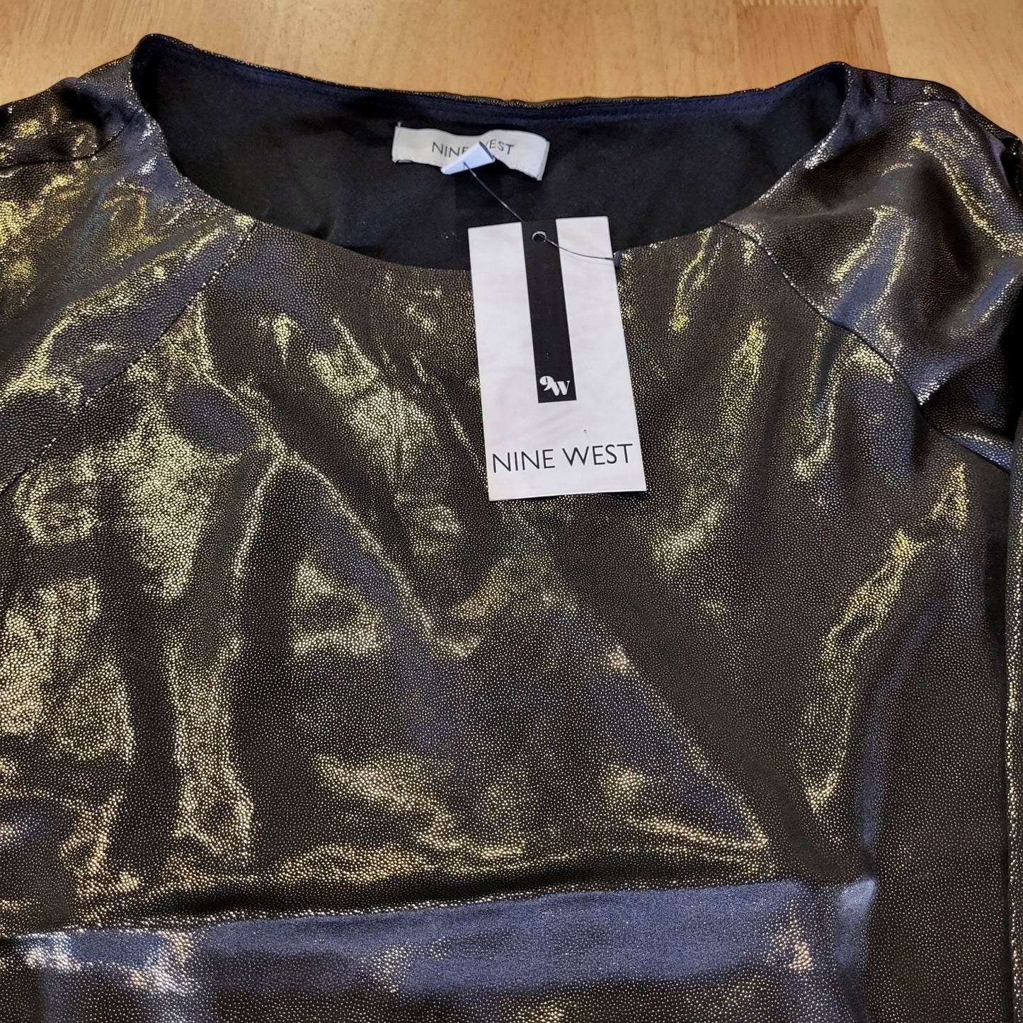 NWT Nine West Black & Gold Lame Billowy Long Sleeve Blouse Elastic Waist Medium