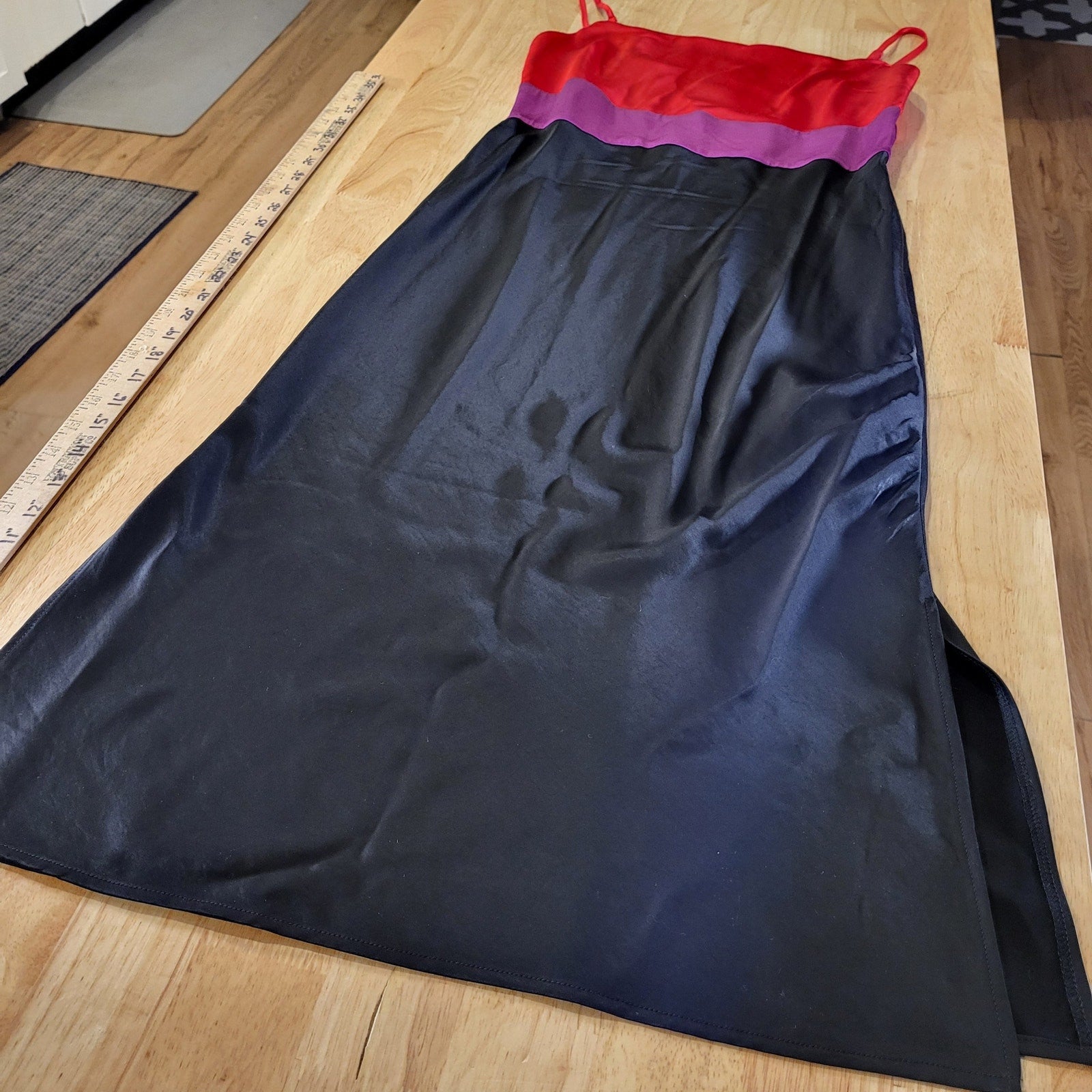 Express Color Block Satin Spaghetti Strap Red Pink & Black Midi Side Slit small