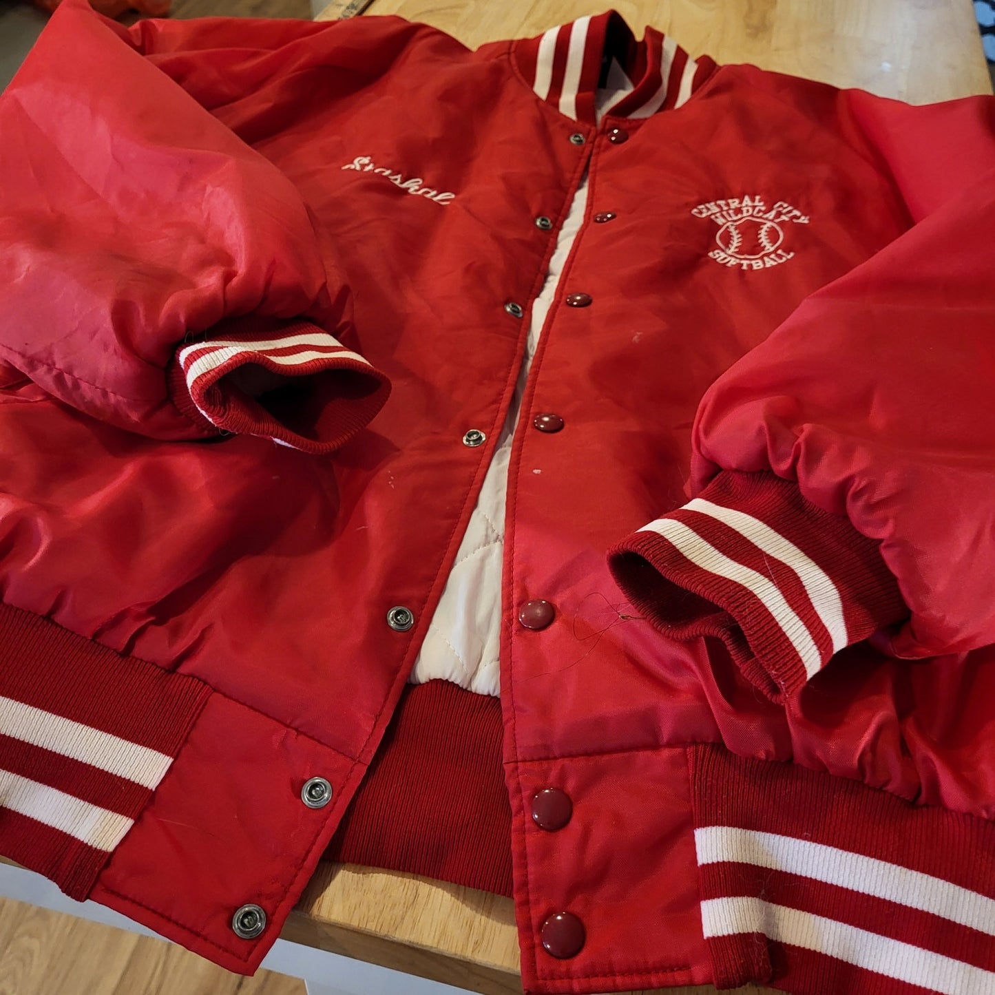 Vintage red Central City Wildcats softball coach jacket white detail 28" p2p