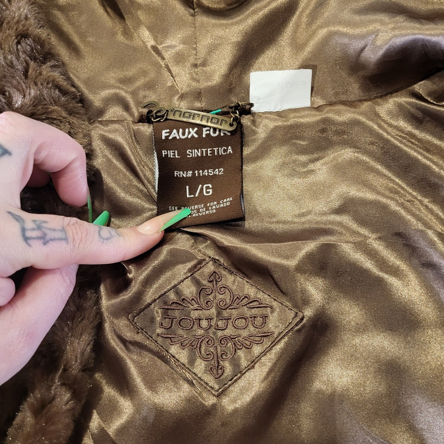 Joujou vintage Y2K mob wife Brown faux fur hooded vest large check pattern