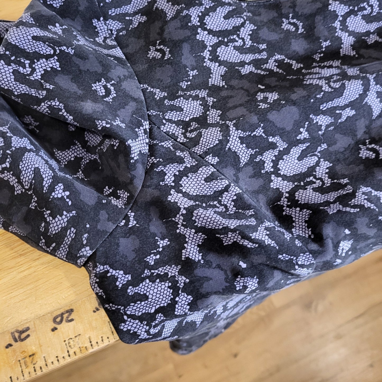 Doncaster purple and black lace print silks 3/4 length sleeve invisible zipper 