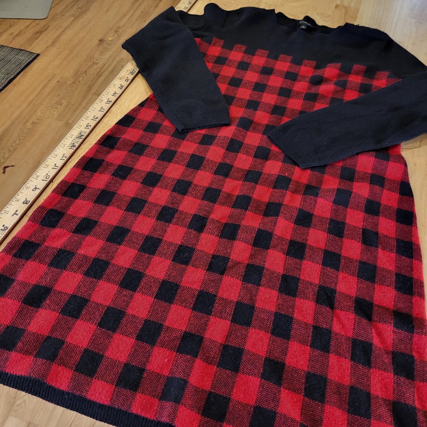Talbots Red Buffalo Check Sweater Dress Gold Zip Wool Rayon Blend Knit Large