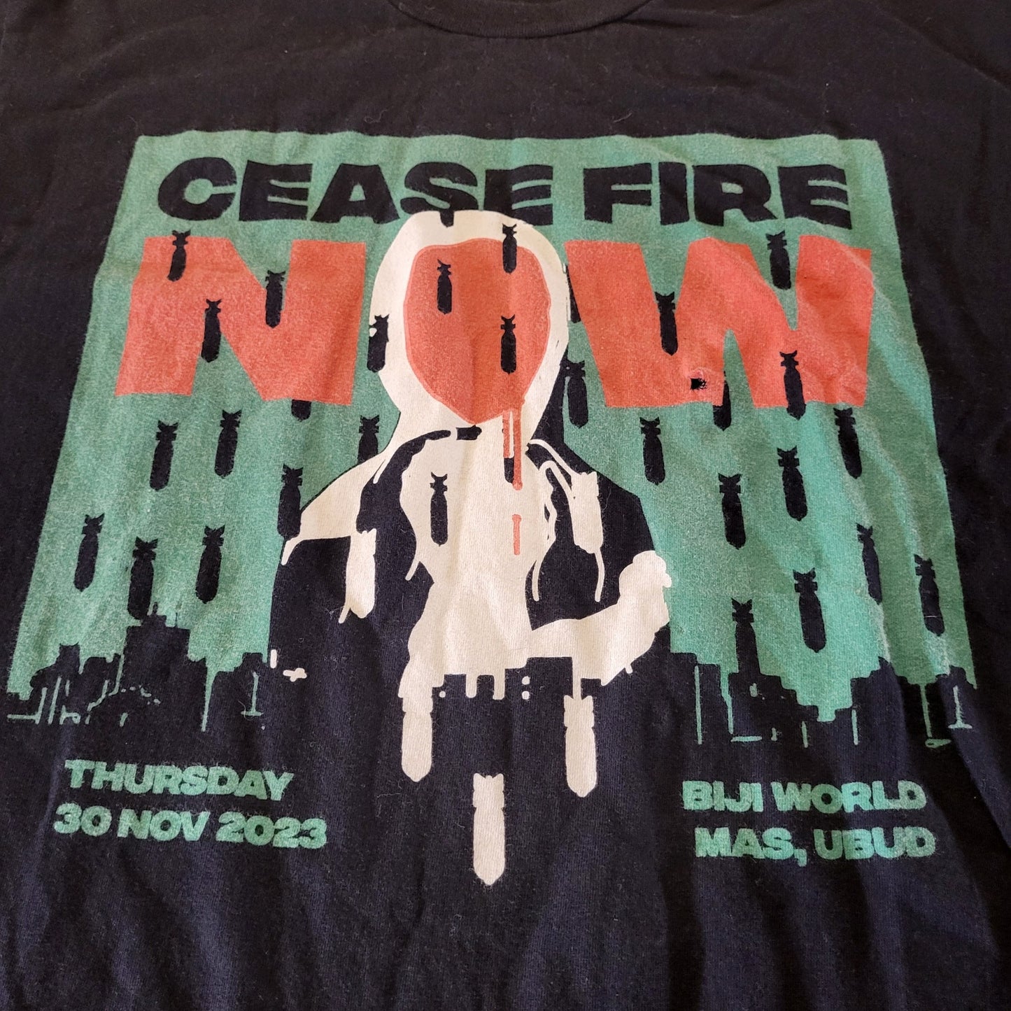 Cease Fire Now Black Screen Print T-shirt 20" Pit to Pit 26" Long 100% Cotton 