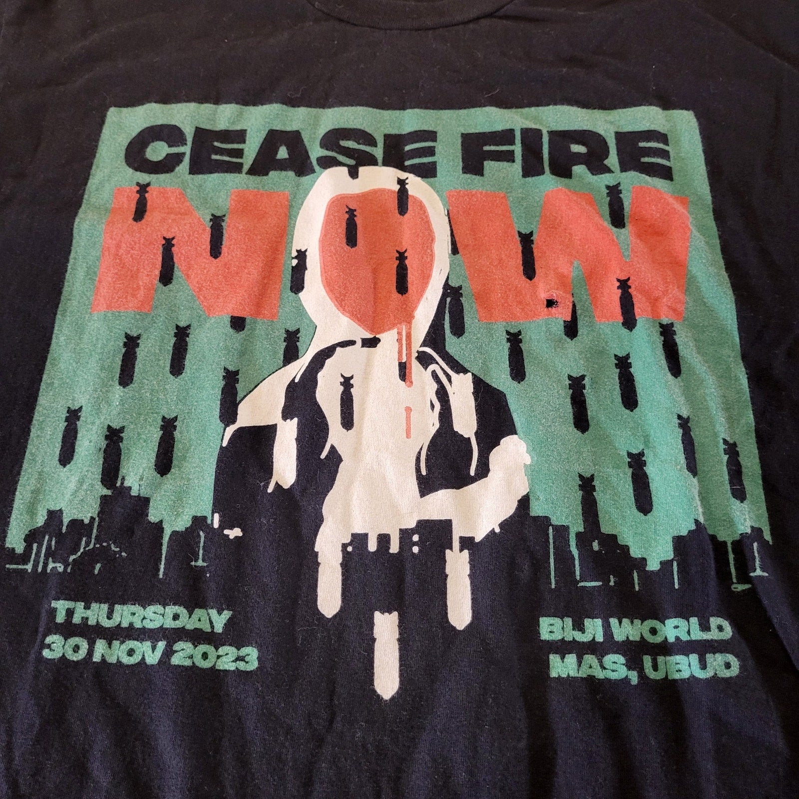Cease Fire Now Black Screen Print T-shirt 20" Pit to Pit 26" Long 100% Cotton 