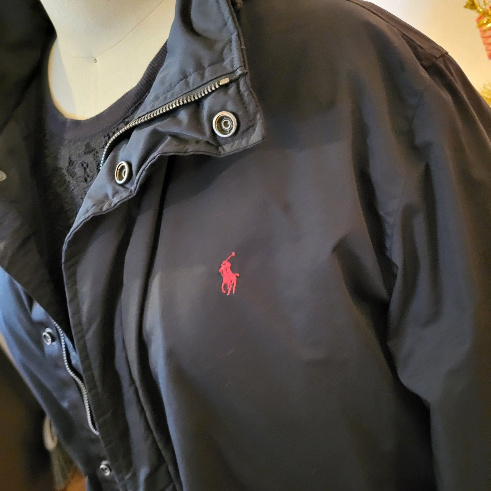 Ralph Lauren Black Nylon Fleece Lined Jacket Red Logo 27 inches pit to pits