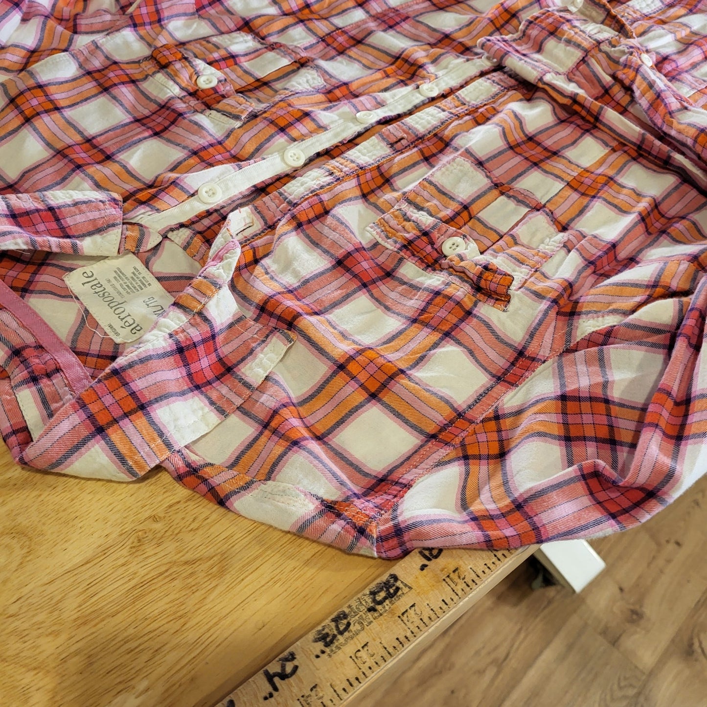 Aeropostale Pink Plaid Flannel Button Down Collared Shirt XL 20" P2P 