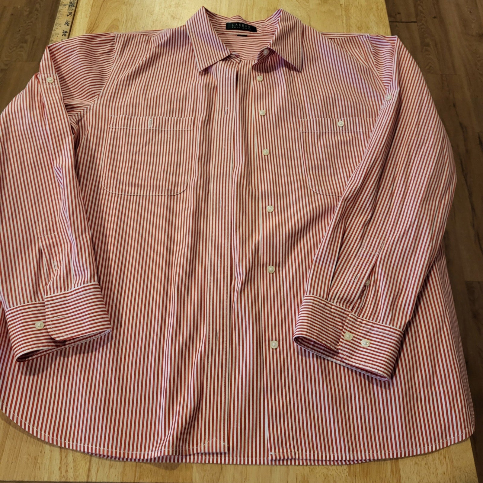 Lauren by Ralph Lauren red & white striped button down collared long sleeve 24"