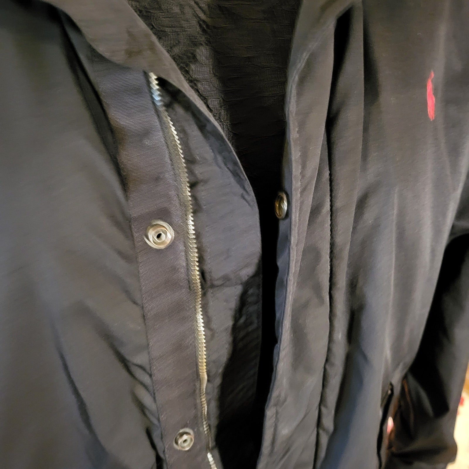 Ralph Lauren Black Nylon Fleece Lined Jacket Red Logo 27 inches pit to pits