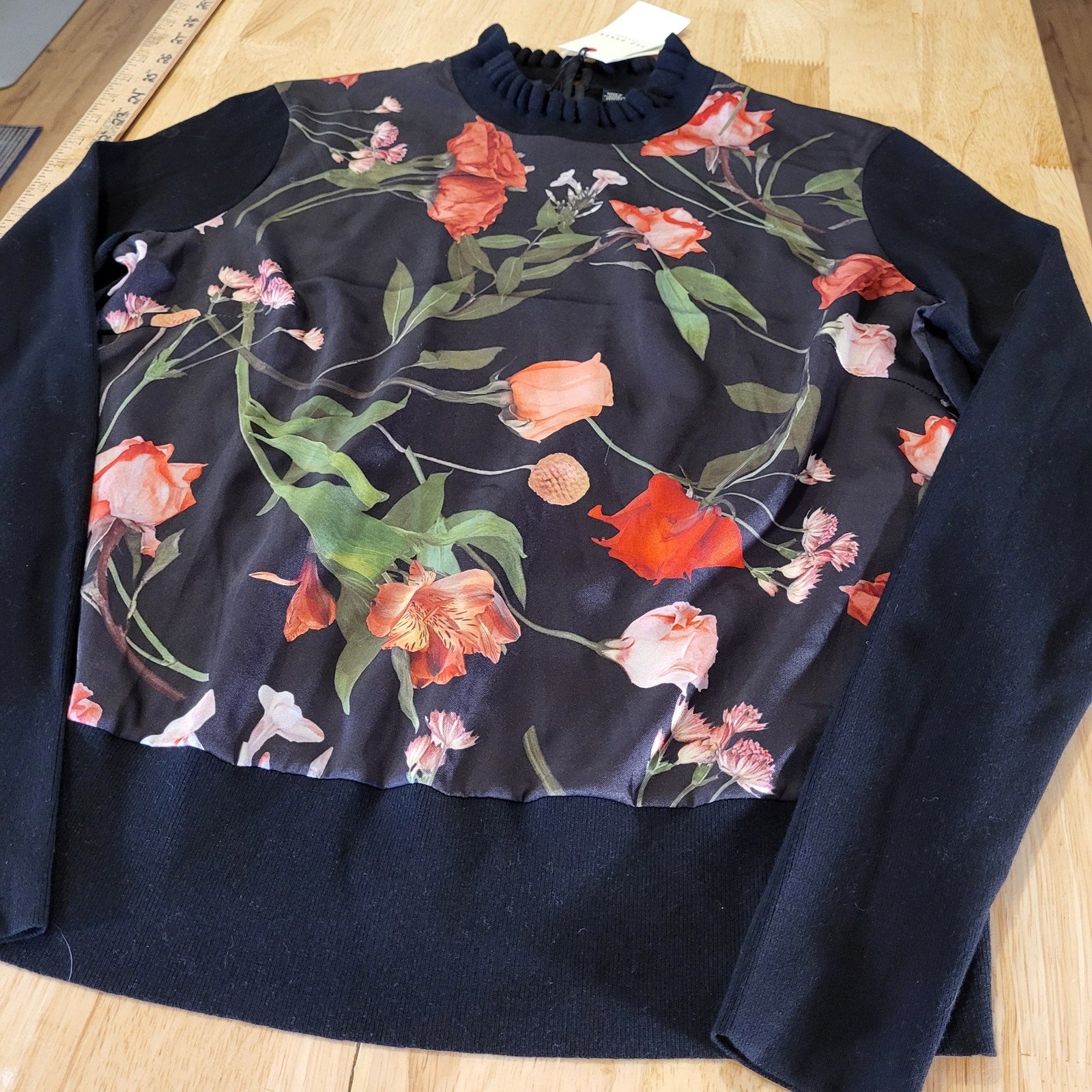 NWT Ted Baker Black & Red Floral Blouse Sweater Mock Neck Ruffle 20" P2P Small