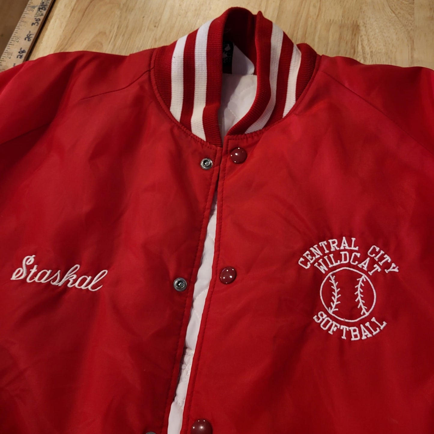 Vintage red Central City Wildcats softball coach jacket white detail 28" p2p