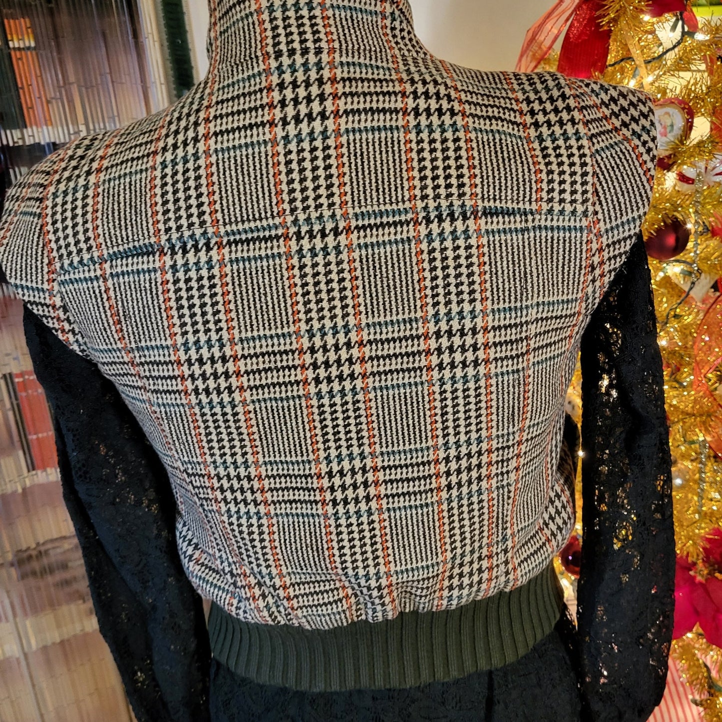 Vintage Benetton houndstooth vest brown trim cap sleeve wool blend small