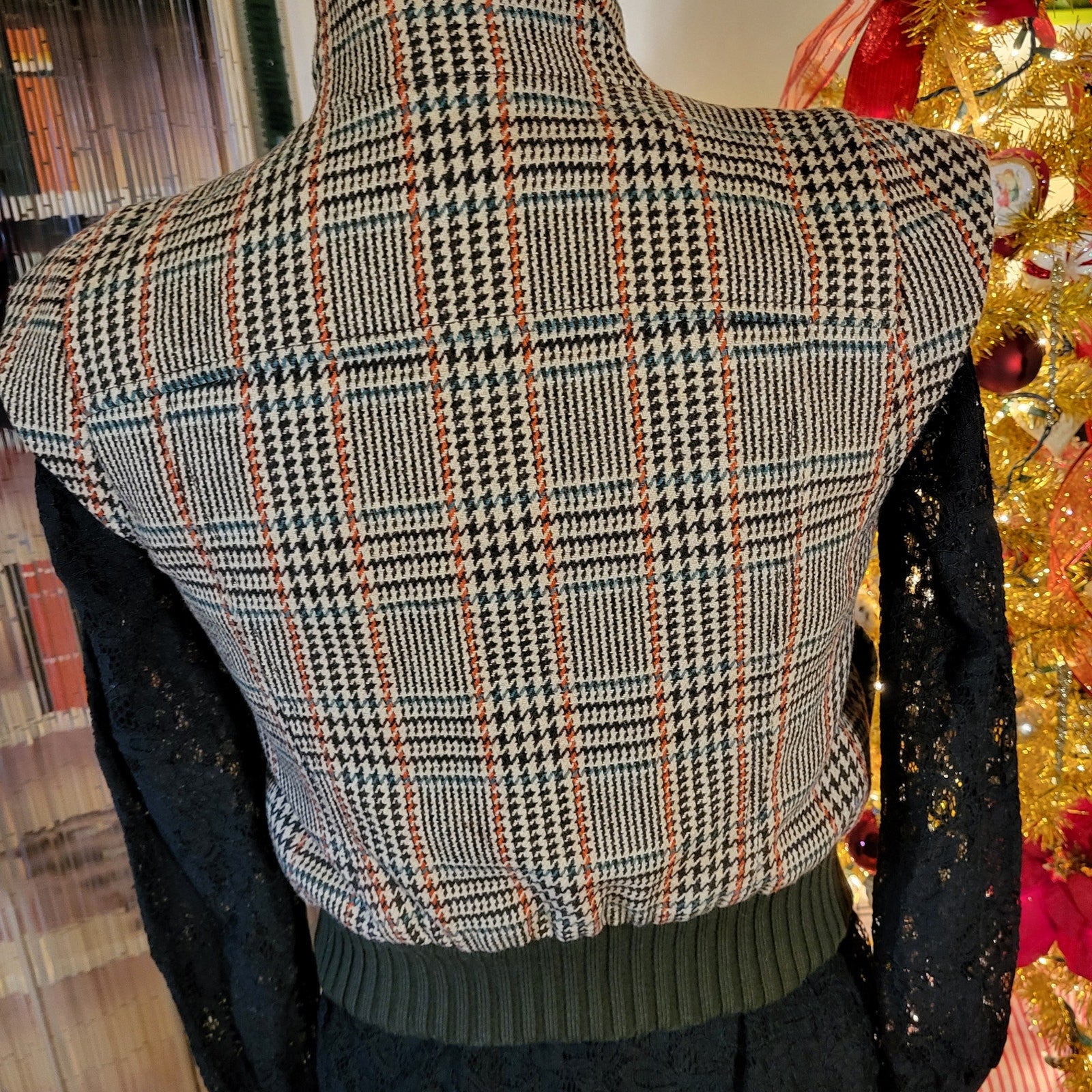 Vintage Benetton houndstooth vest brown trim cap sleeve wool blend small