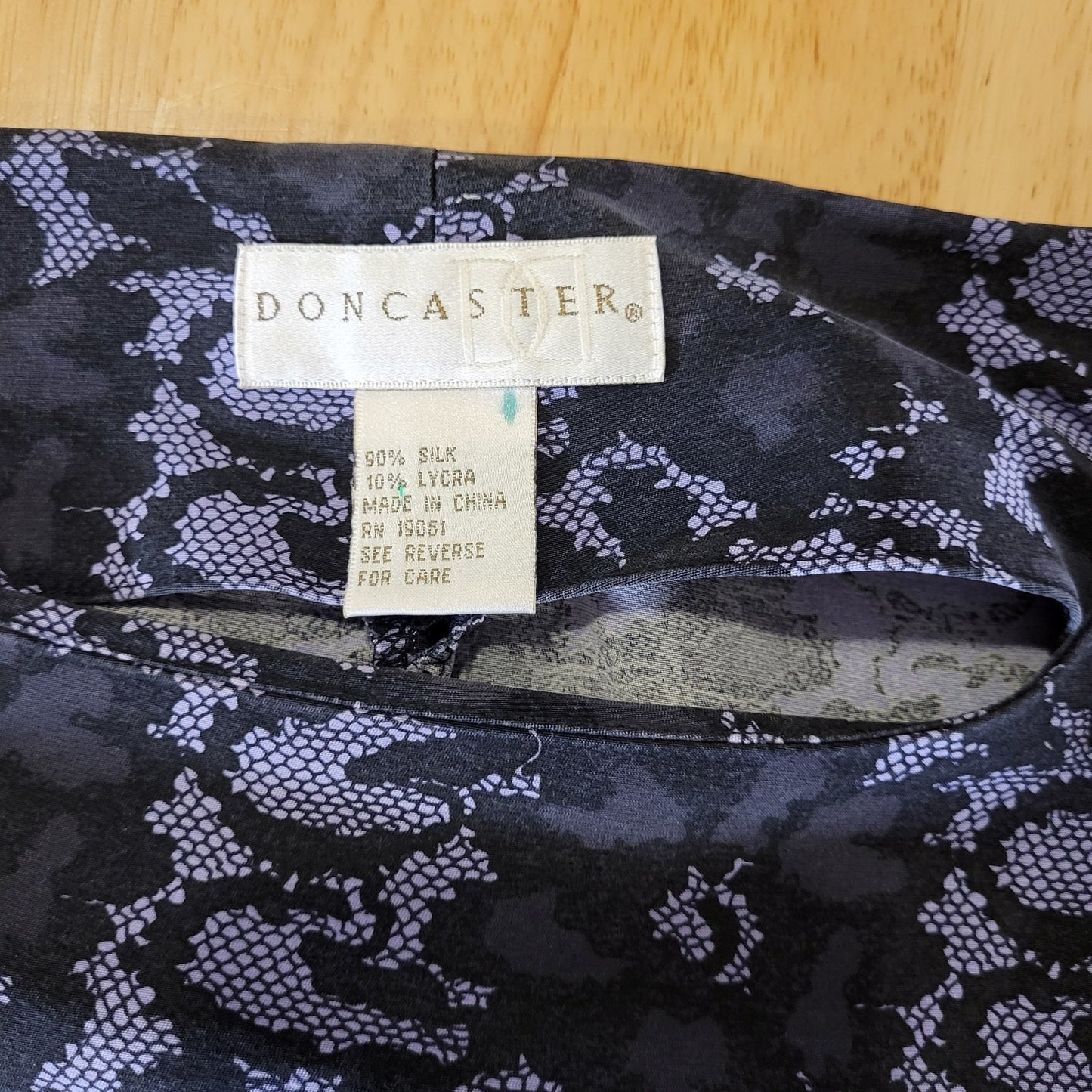 Doncaster purple and black lace print silks 3/4 length sleeve invisible zipper 