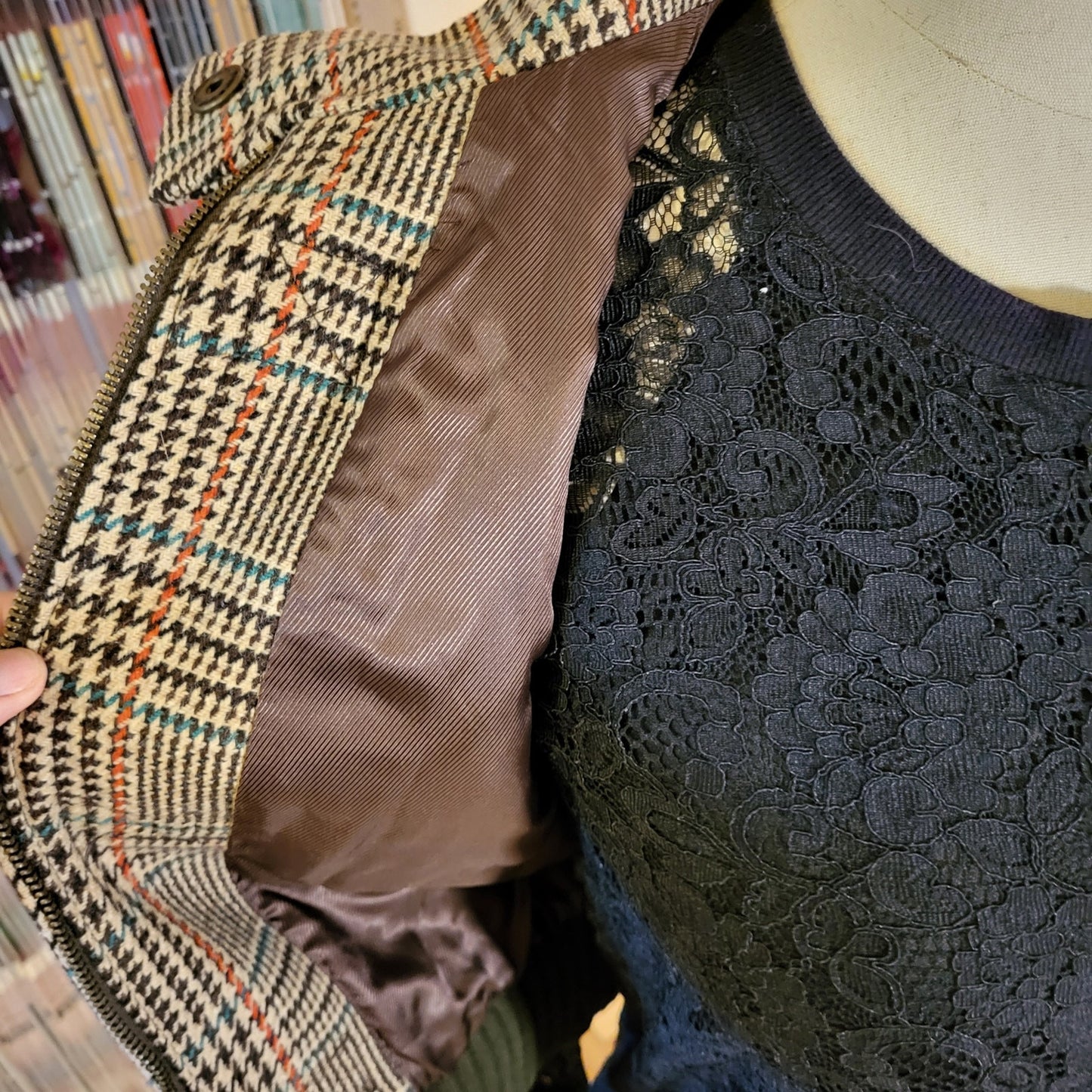 Vintage Benetton houndstooth vest brown trim cap sleeve wool blend small