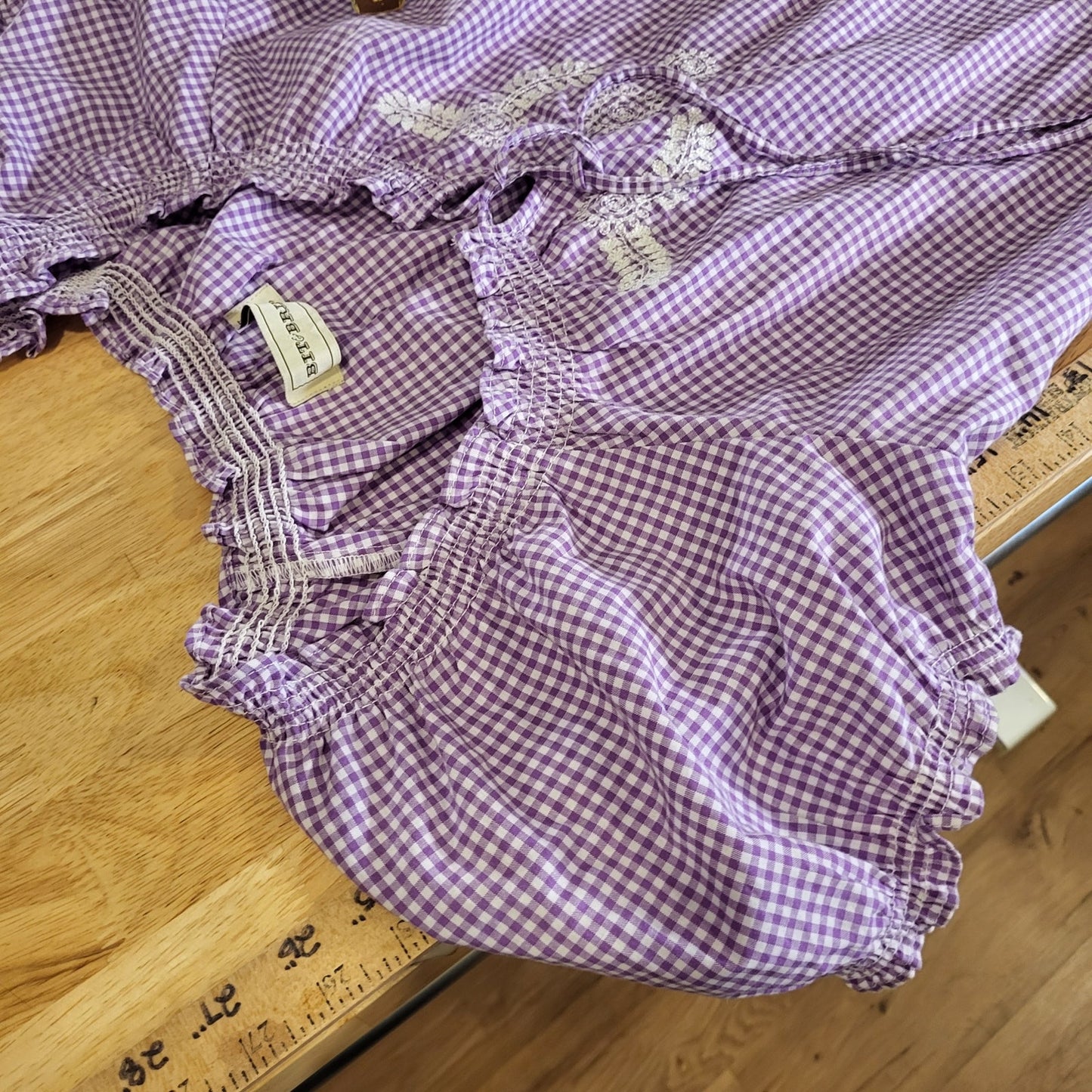NWT Bit & Bridle Purple Gingham Milk Maid Top Cotton Puff Sleeve Embroidered 20"