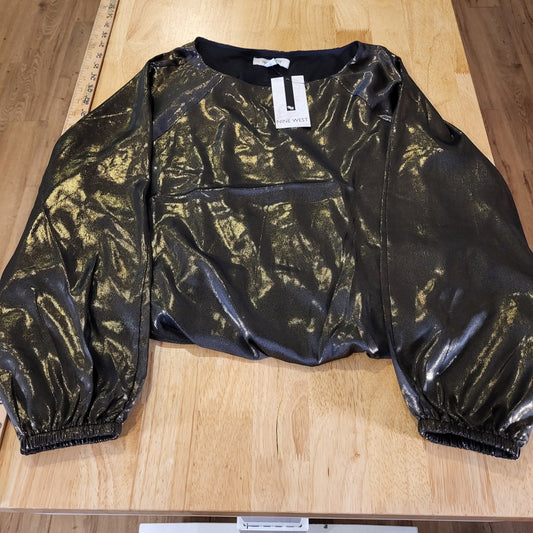 NWT Nine West Black & Gold Lame Billowy Long Sleeve Blouse Elastic Waist Medium