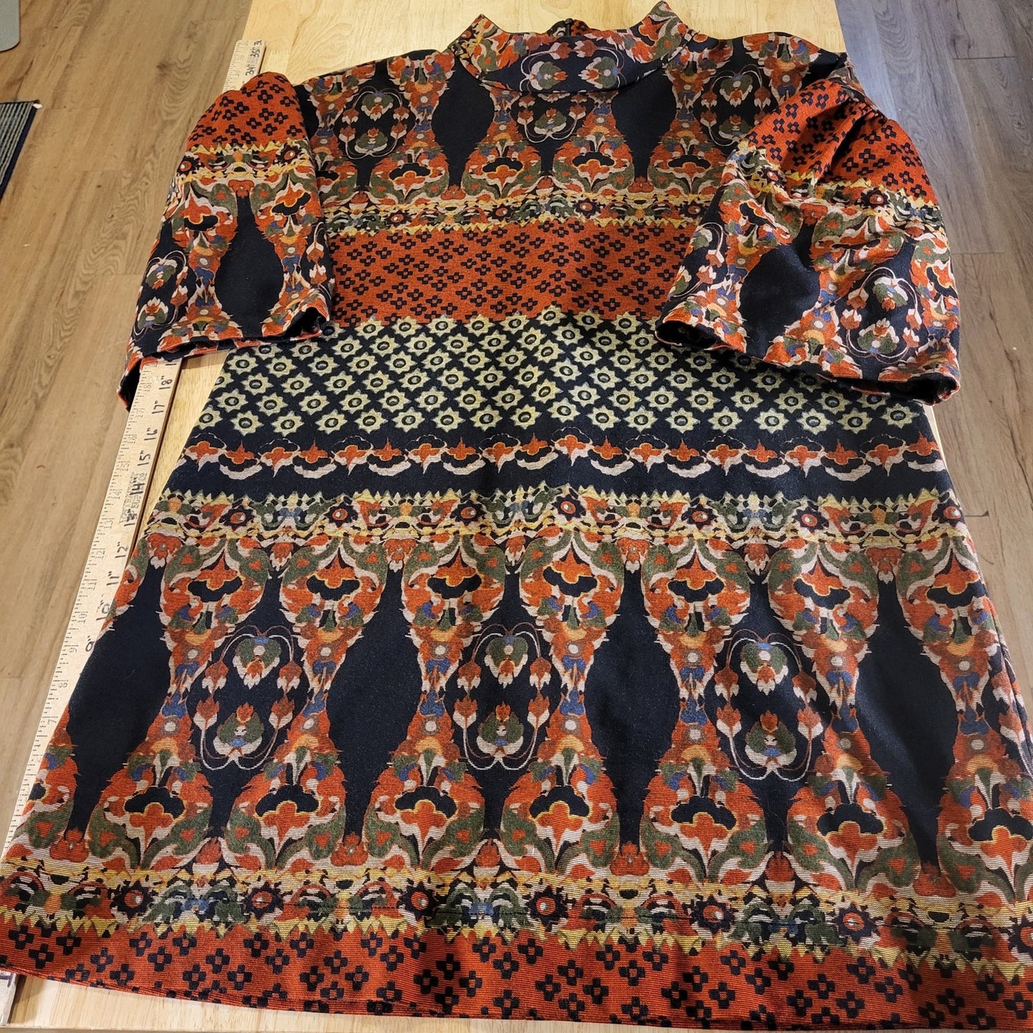 Uncle Frank Paisley Warm Ton Knee Length Knit Dress Puff Sleeve Mock Neck Large