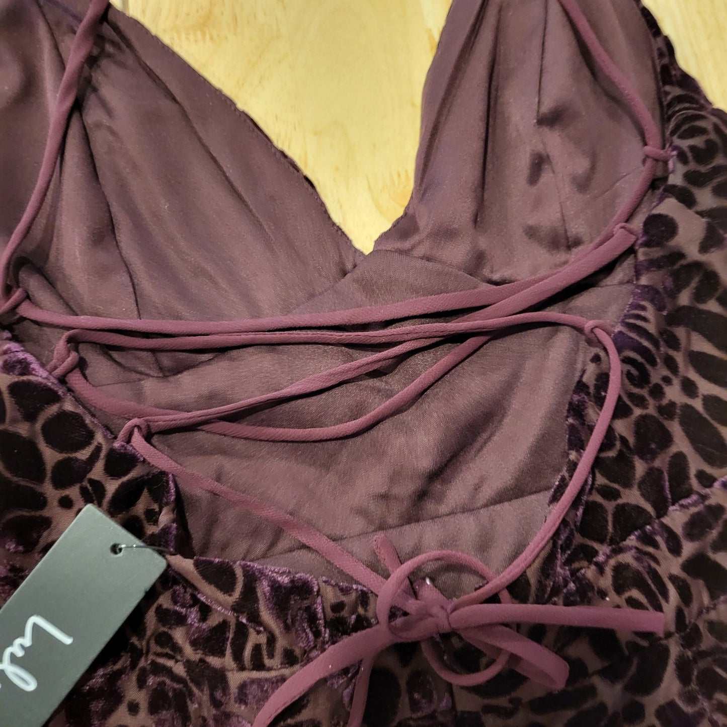 Lulu's Purple Plum Velvet Floral Burnout Spaghetti  Crisscross Back Wide leg