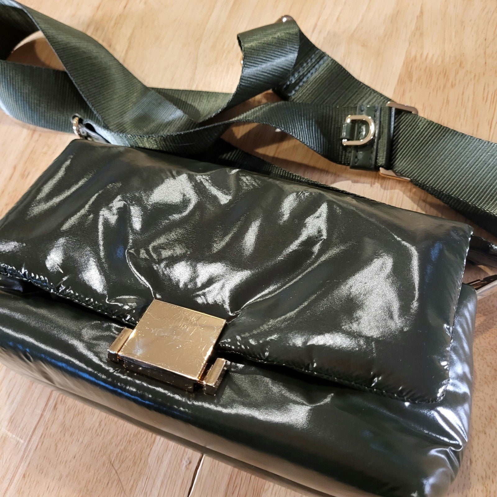 A New Day Green Puffer Purse Nylon Strap Gold Hardware 8" X 5"