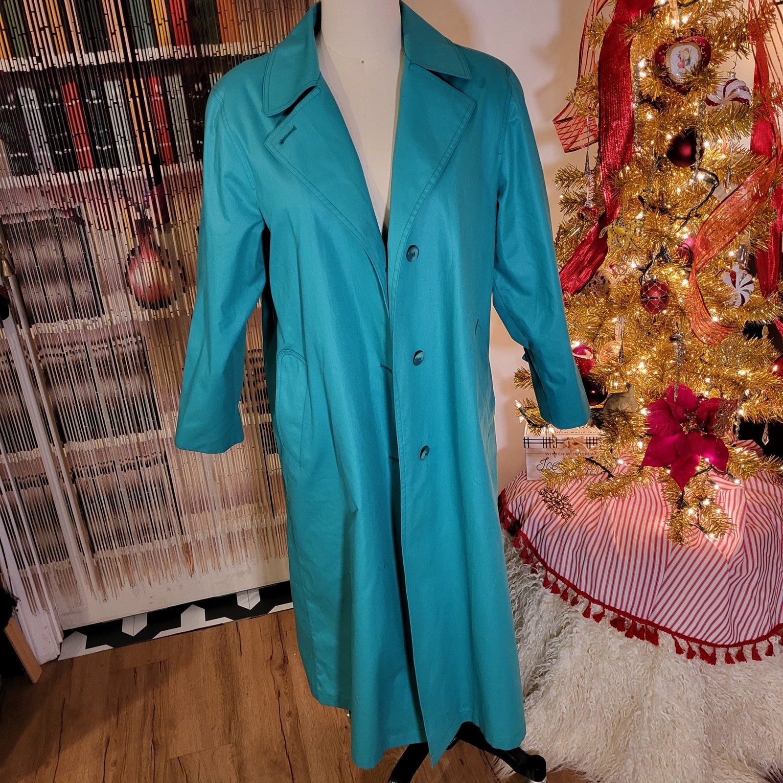 London Fog Vintage Green coat gingham lining petite 10 machine washable 
