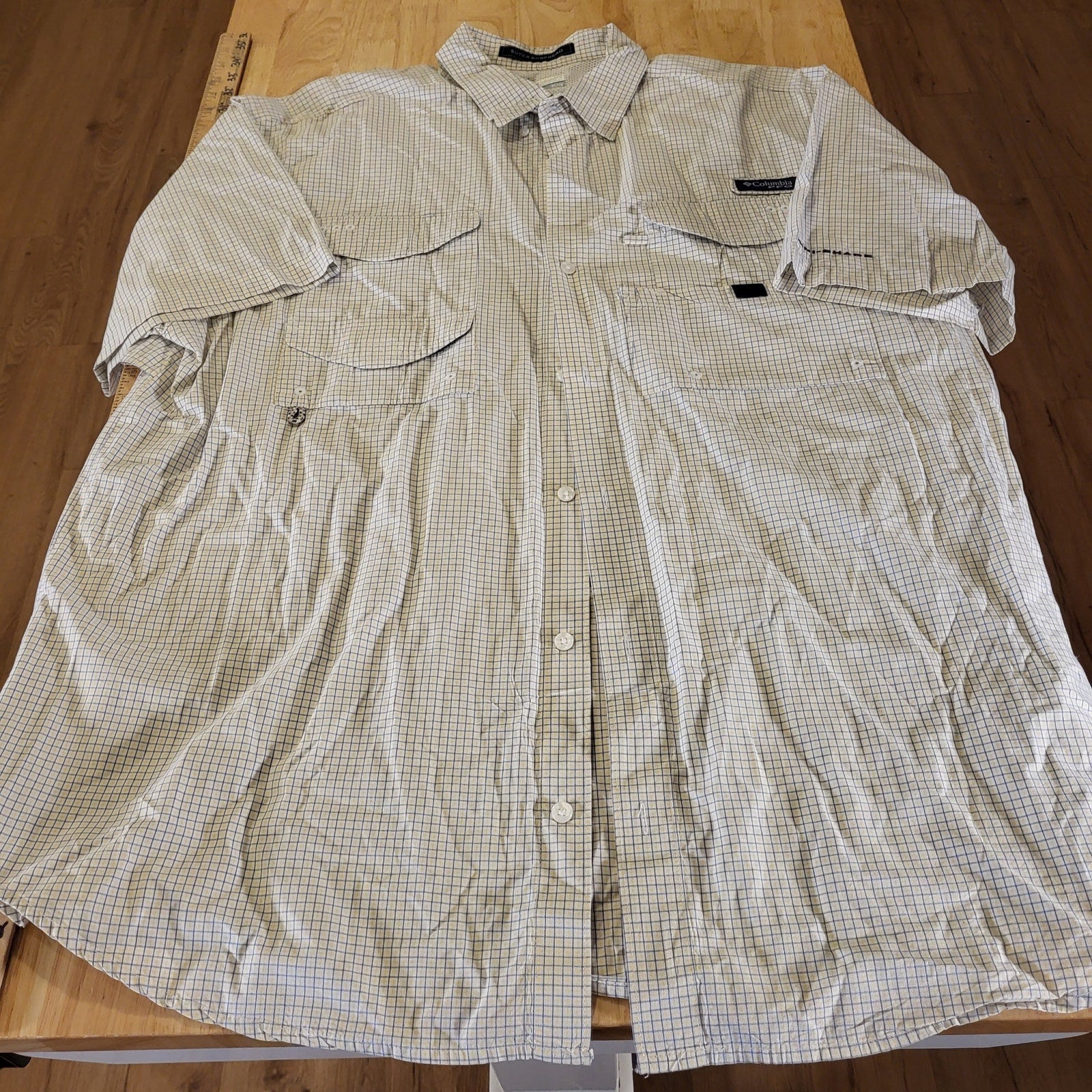 Colombia Super Bone Head XL White W/ Blue Yellow Check Short Sleeve Collared 
