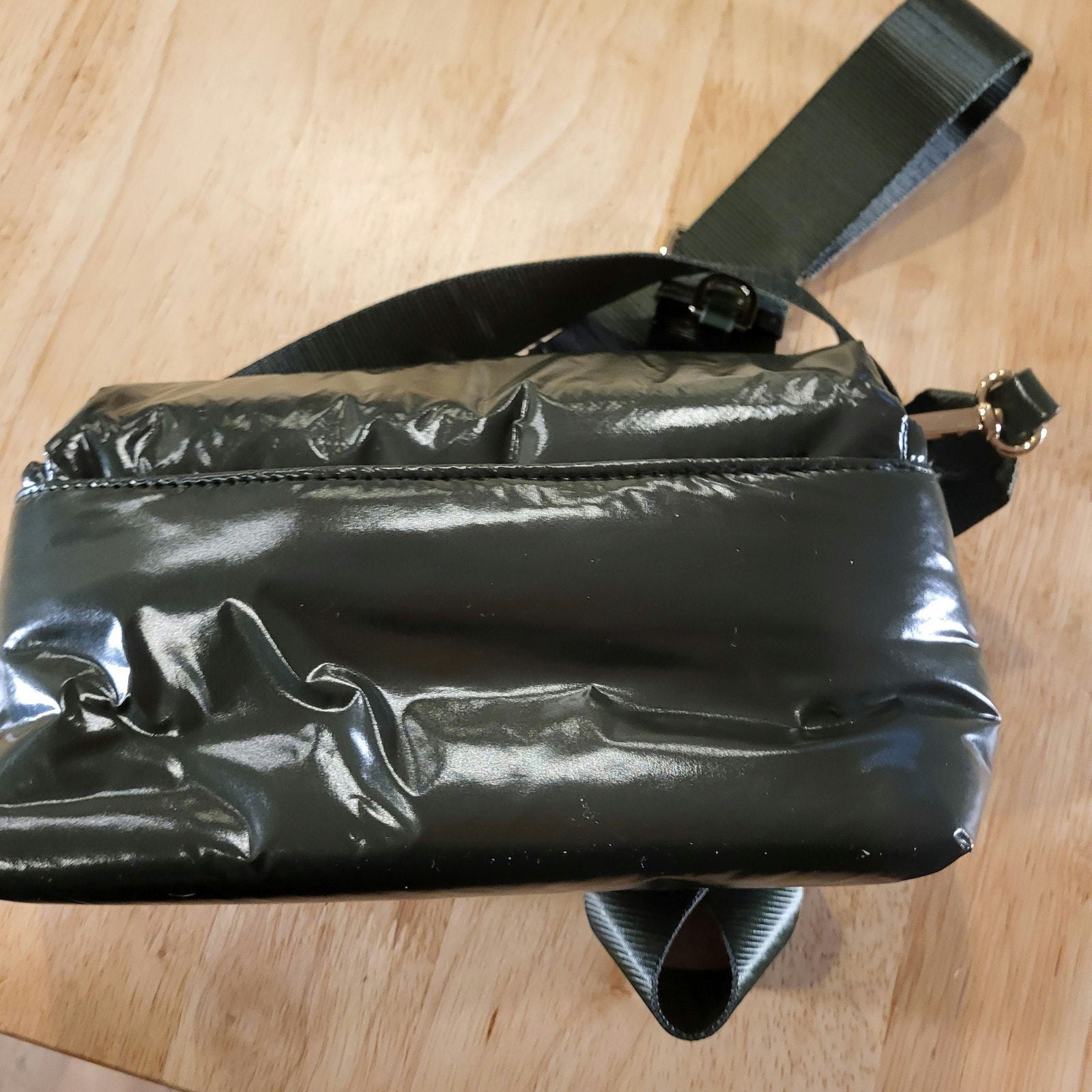 A New Day Green Puffer Purse Nylon Strap Gold Hardware 8" X 5"