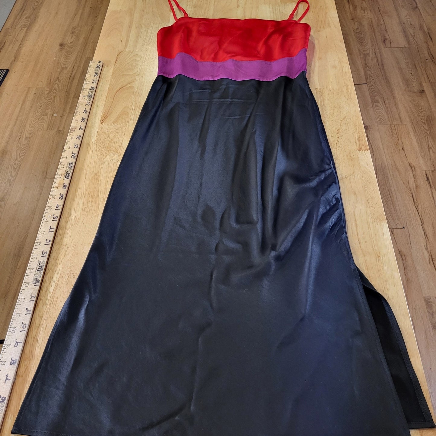 Express Color Block Satin Spaghetti Strap Red Pink & Black Midi Side Slit small