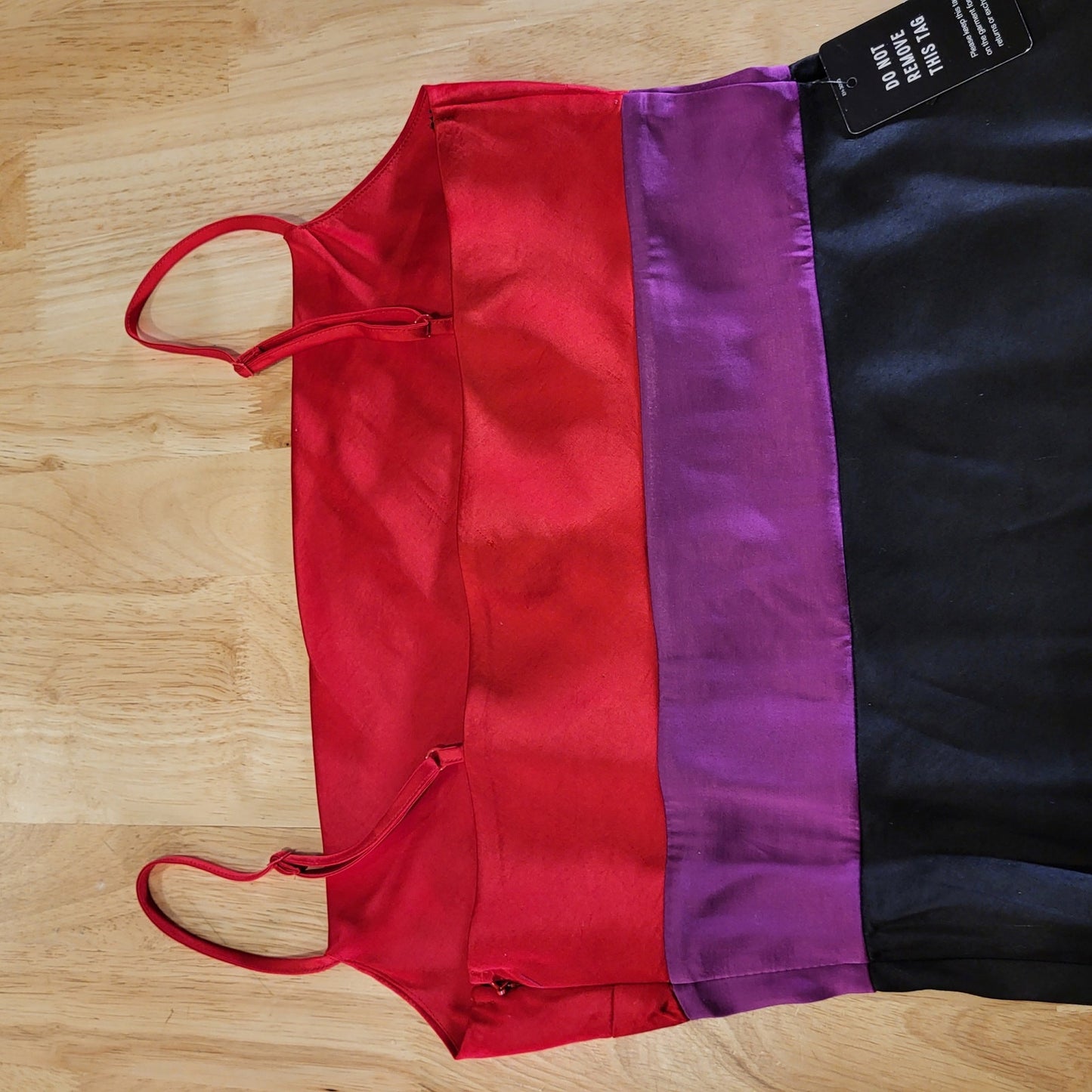 Express Color Block Satin Spaghetti Strap Red Pink & Black Midi Side Slit small