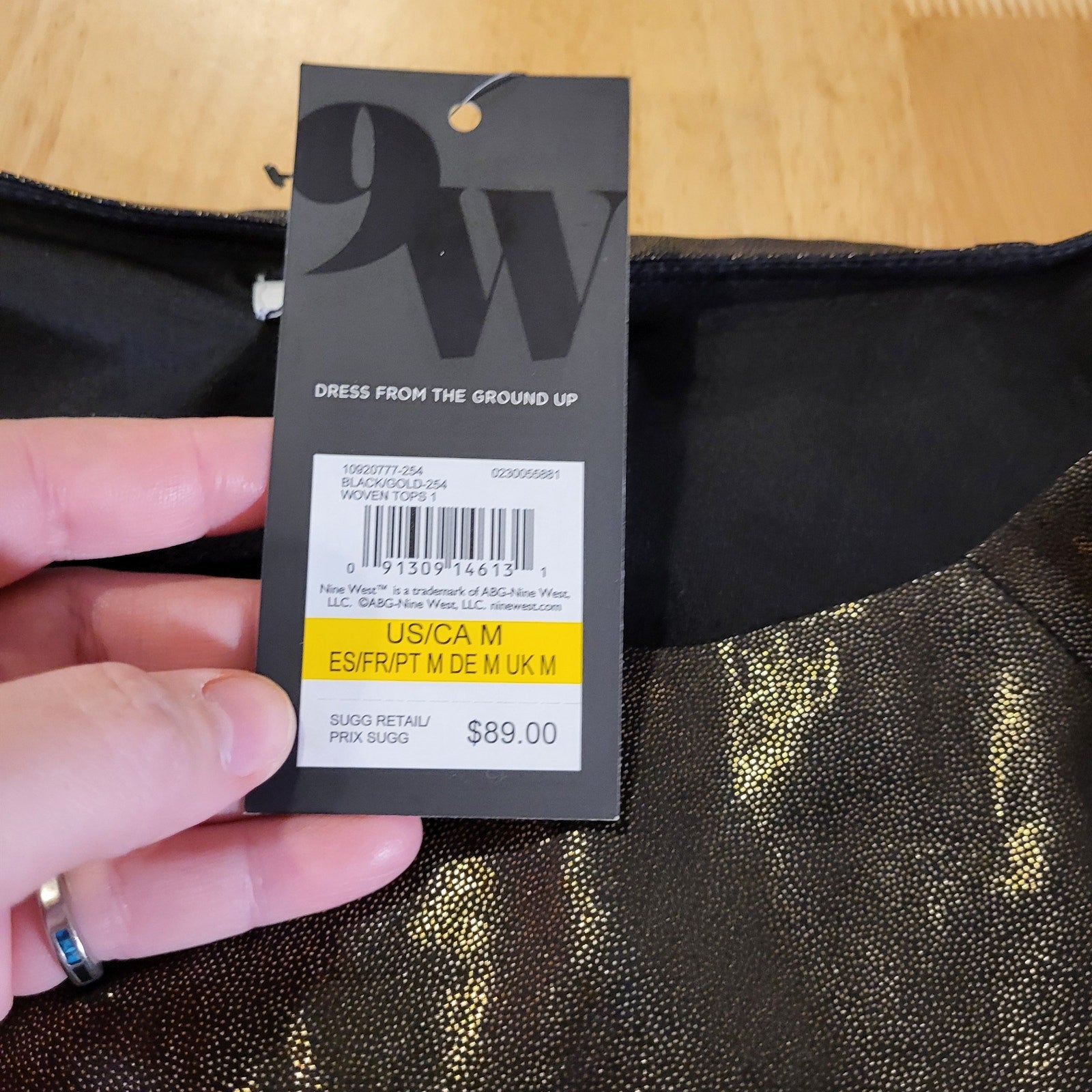 NWT Nine West Black & Gold Lame Billowy Long Sleeve Blouse Elastic Waist Medium