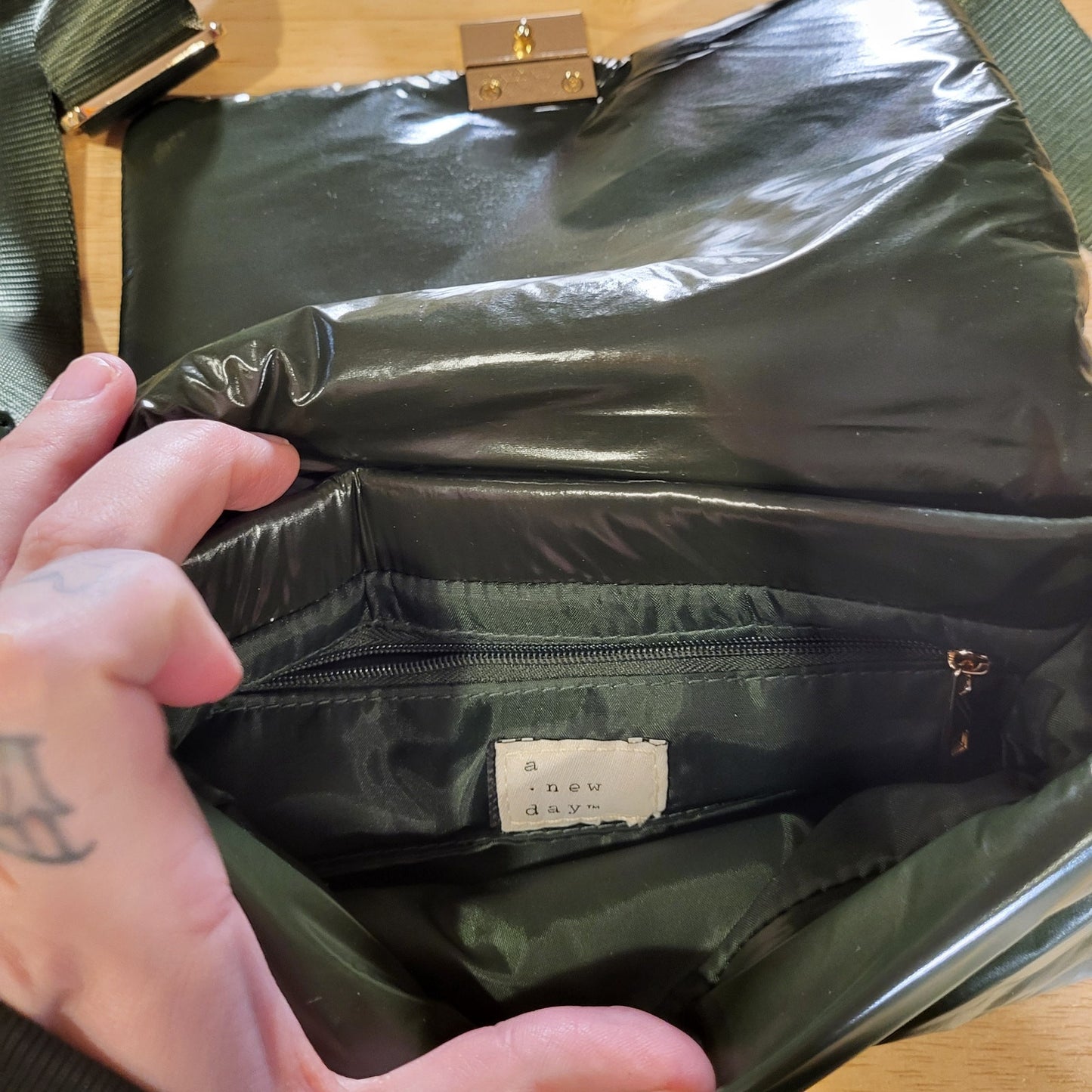 A New Day Green Puffer Purse Nylon Strap Gold Hardware 8" X 5"