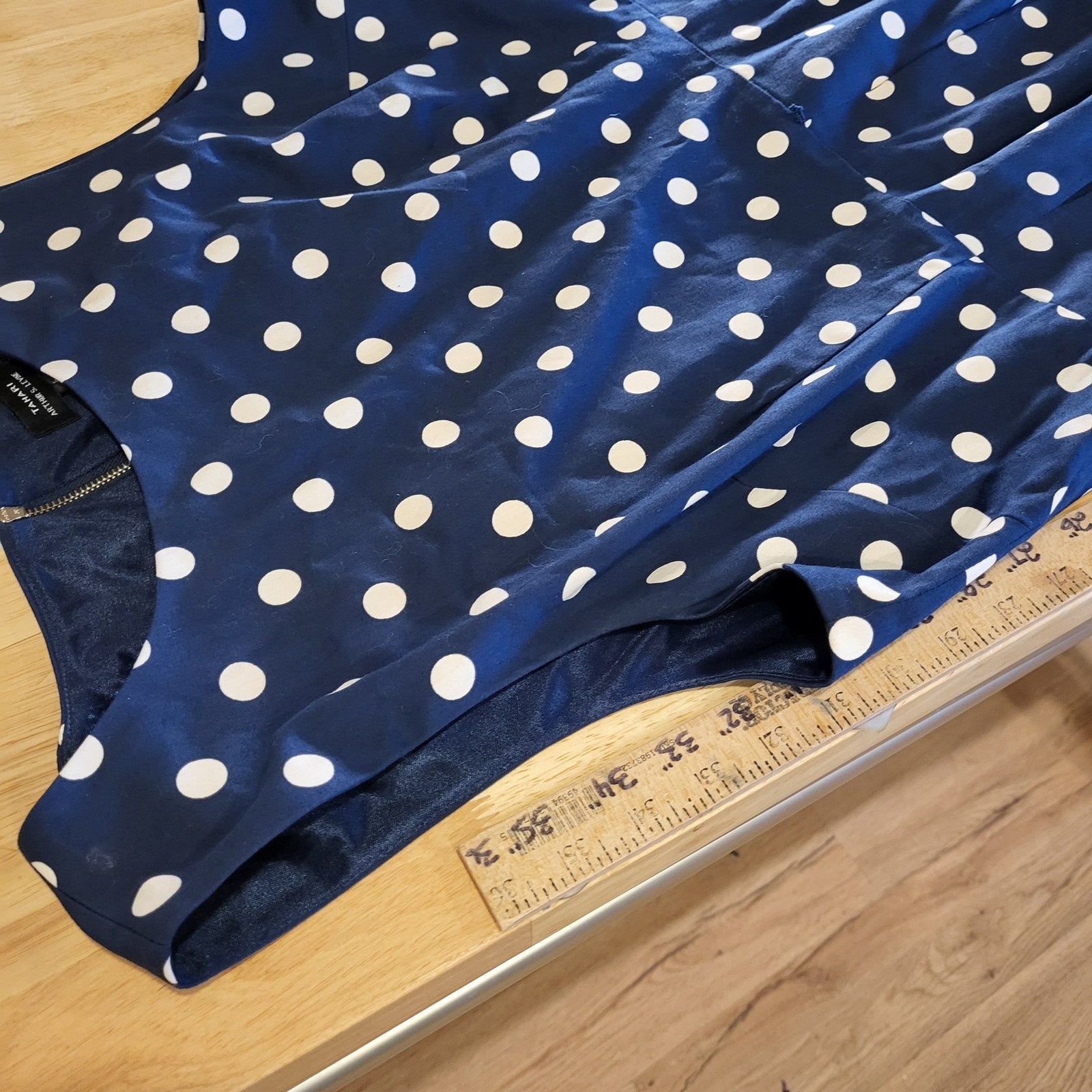 Tahari Size 16 Arthur S. Lavine Navy Blue White Polkadot Sleeveless Knee Length 