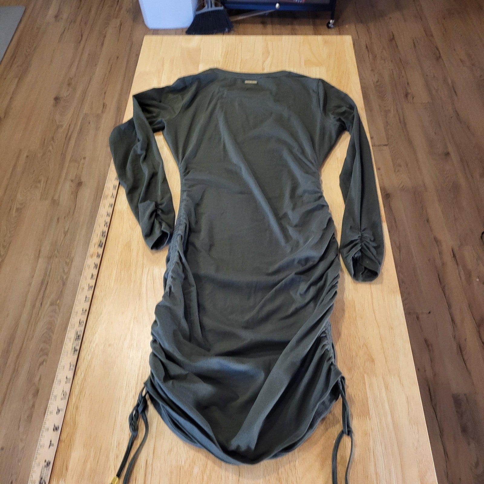 Michael Kors Hunter Green Jersey Knit Long Sleeve T-shirt Dress Gathered Sides M