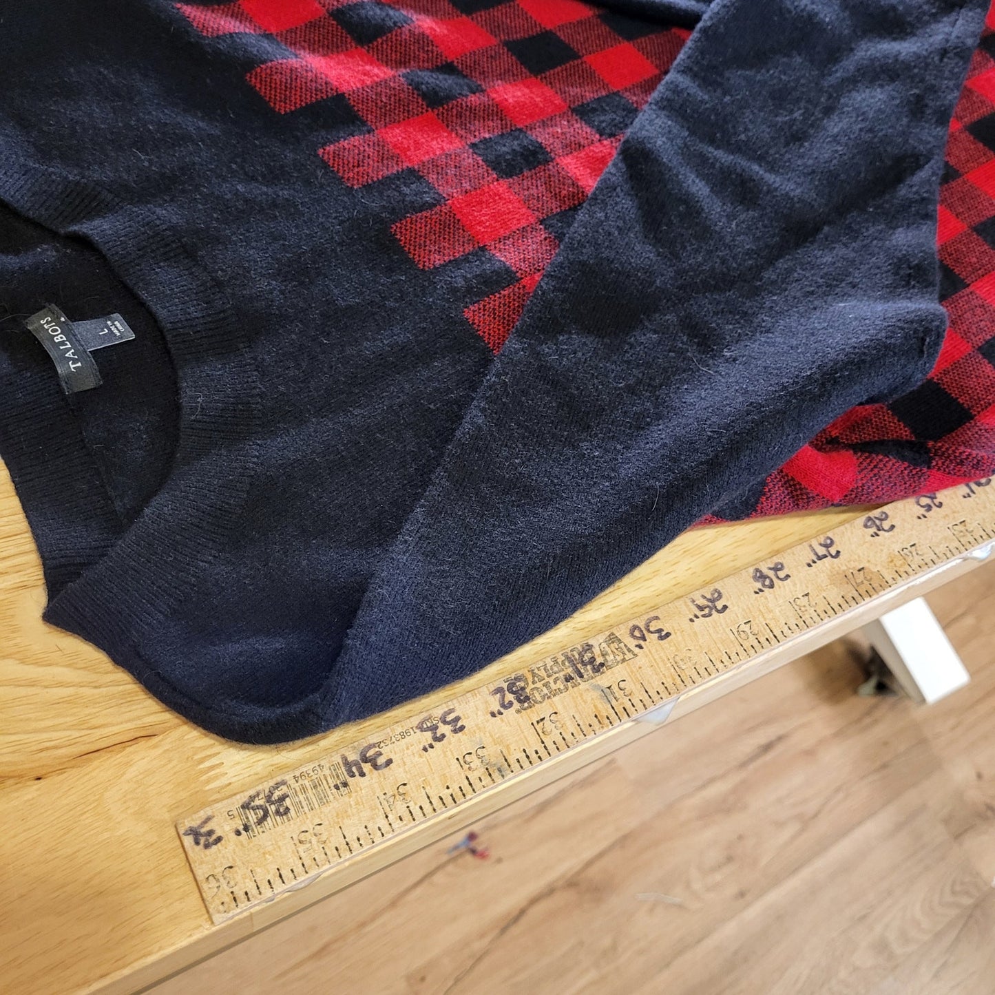 Talbots Red Buffalo Check Sweater Dress Gold Zip Wool Rayon Blend Knit Large