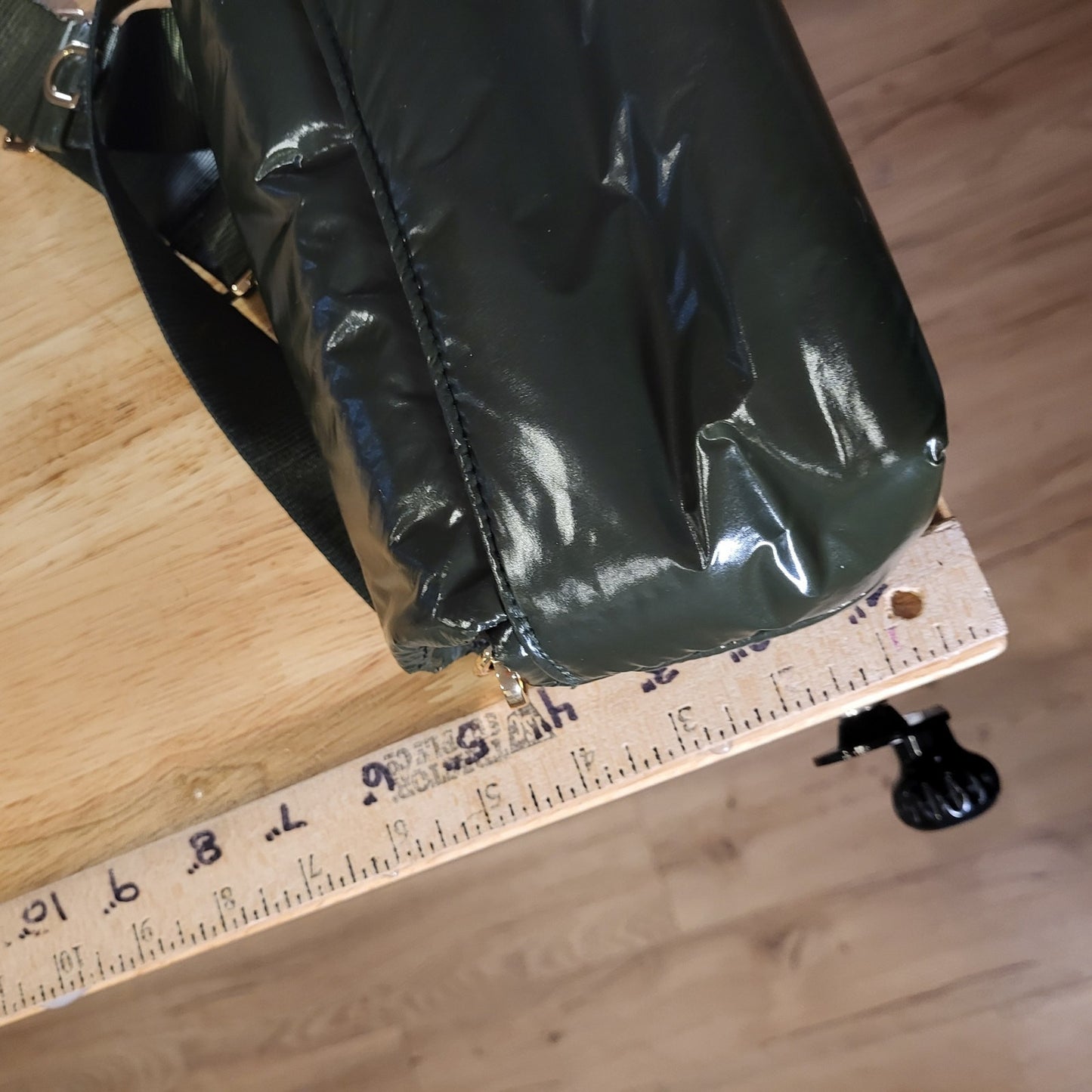 A New Day Green Puffer Purse Nylon Strap Gold Hardware 8" X 5"