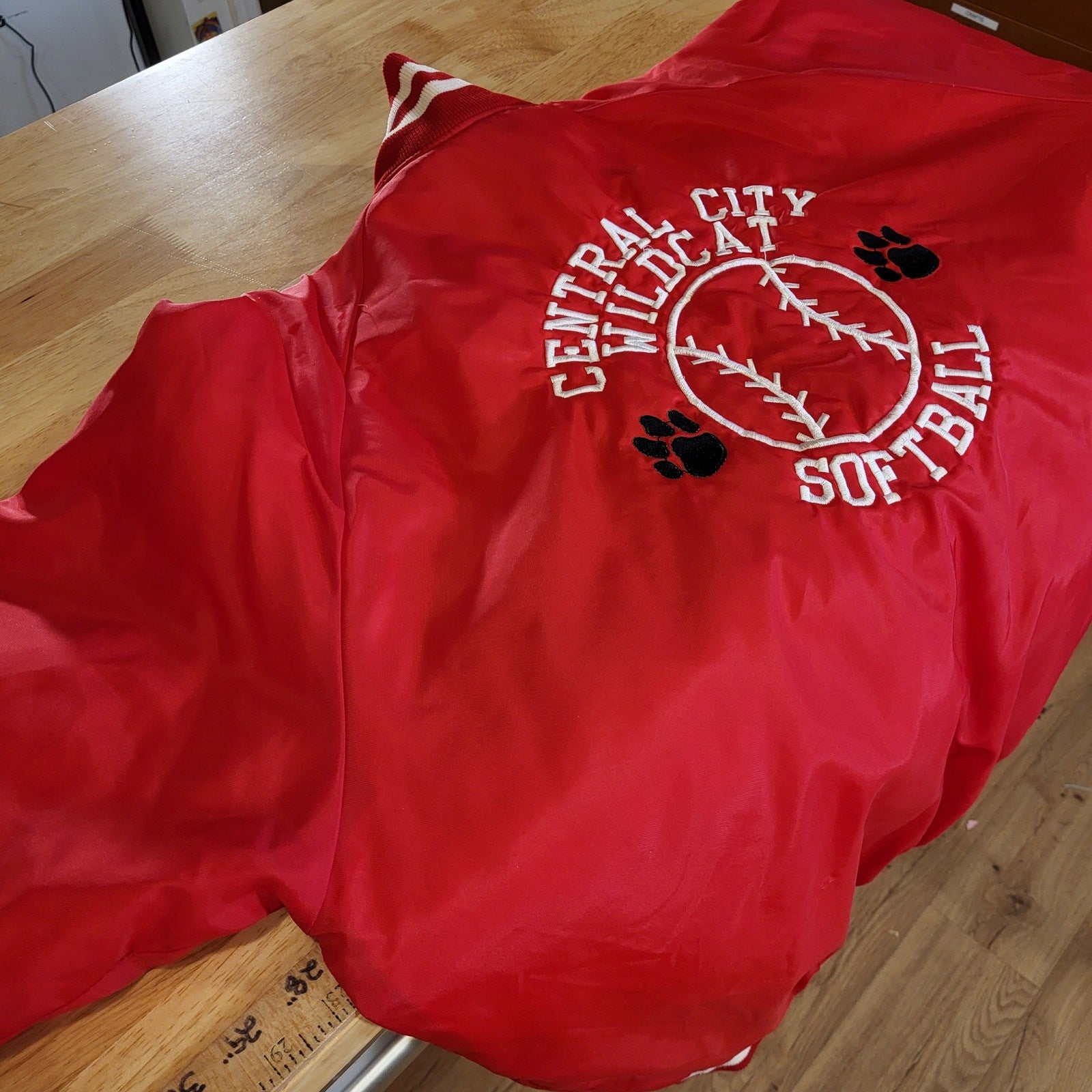 Vintage red Central City Wildcats softball coach jacket white detail 28" p2p