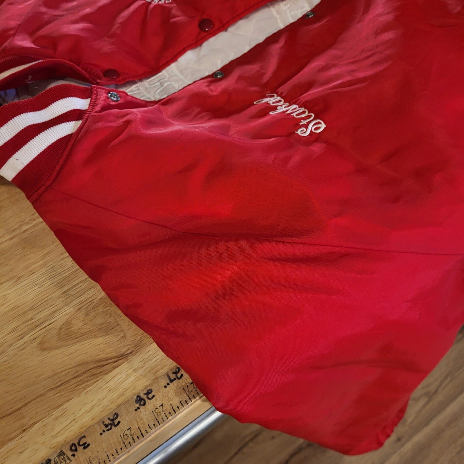 Vintage red Central City Wildcats softball coach jacket white detail 28" p2p