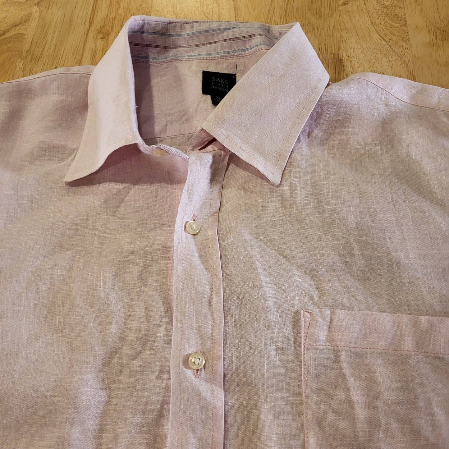 Saks Fifth Avenue Pastel Pink 100% Linen Collar Button Down (see small hole) XL