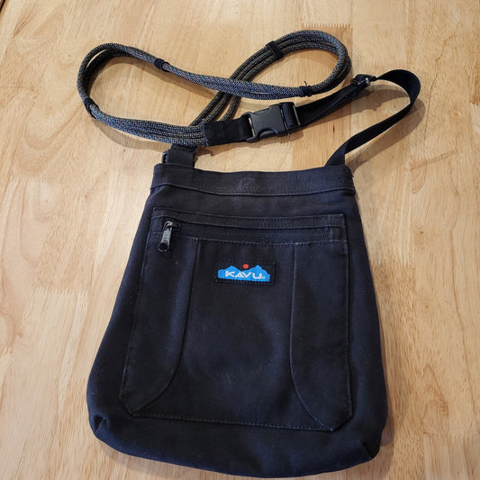 Kavu Keepalong Black Canvas Cross Body Rope Sling Bag Zipper 