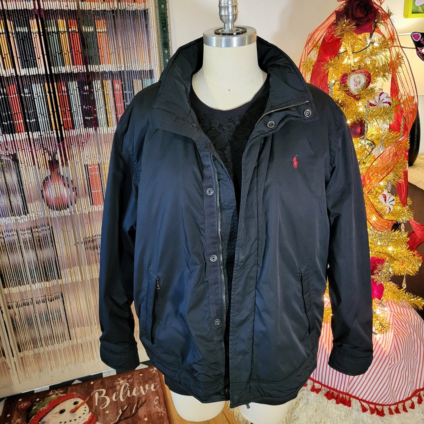 Ralph Lauren Black Nylon Fleece Lined Jacket Red Logo 27 inches pit to pits
