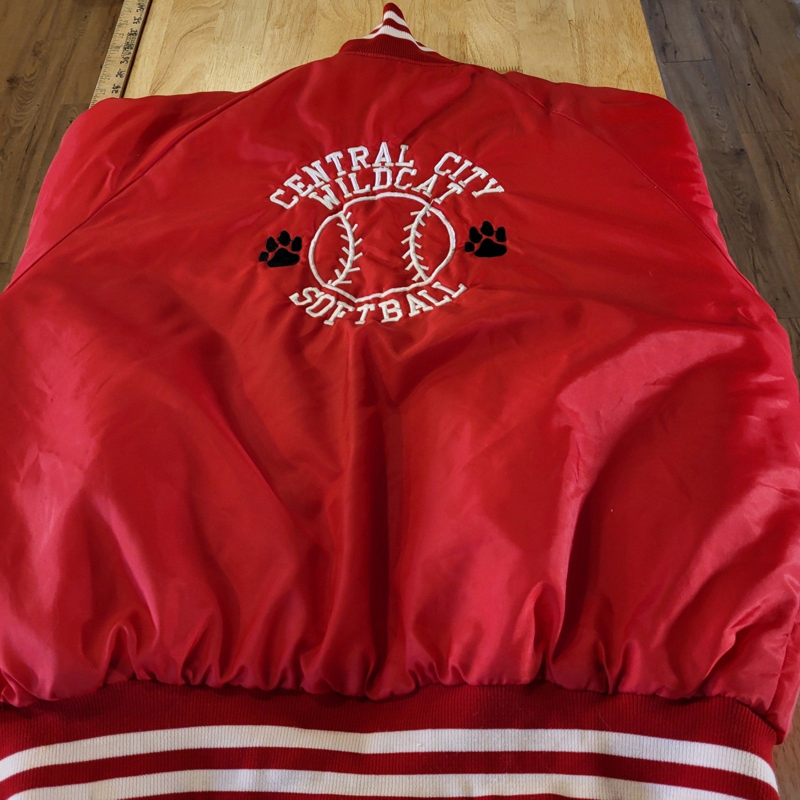 Vintage red Central City Wildcats softball coach jacket white detail 28" p2p