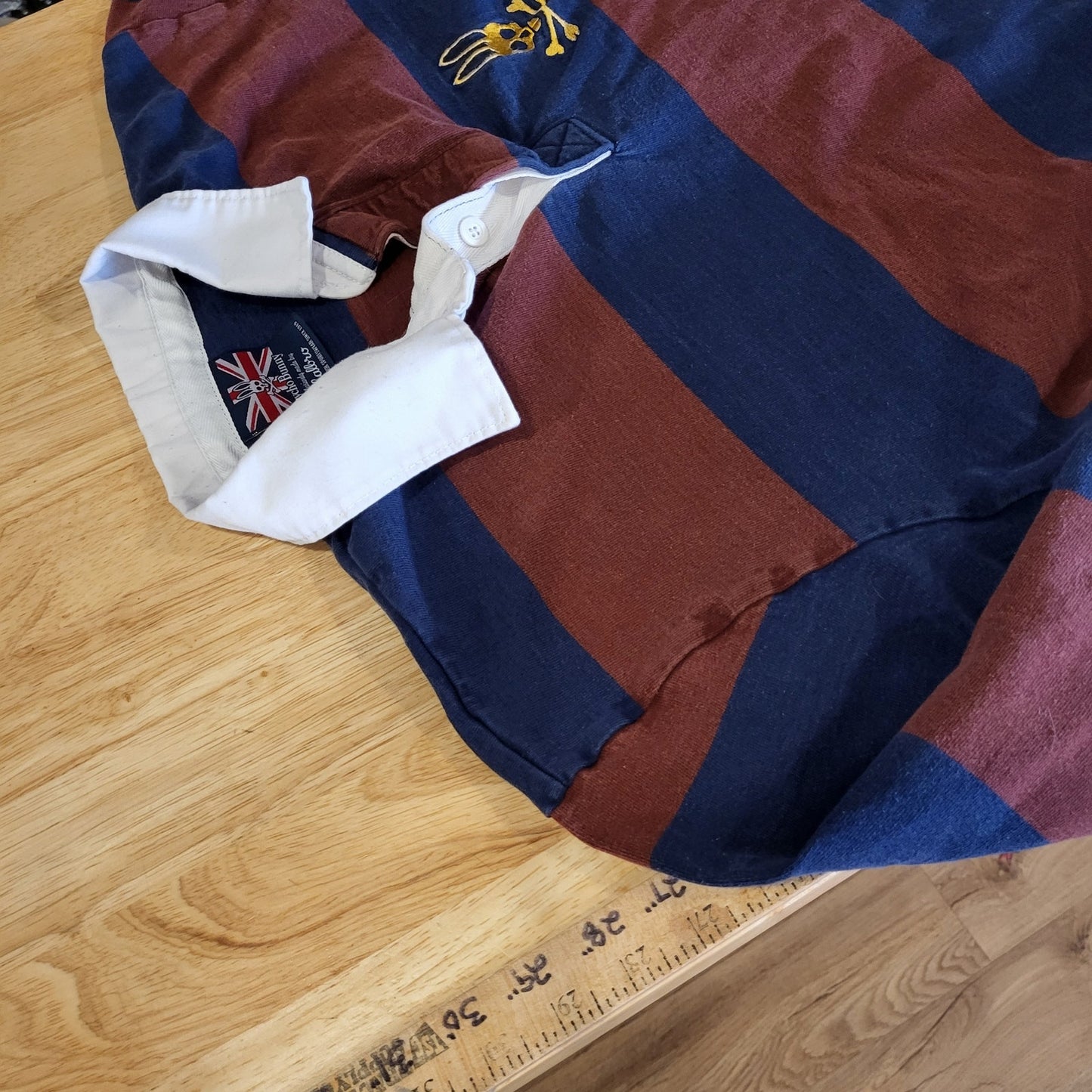 Psycho Bunny Maroon & Blue Rugby Shirt White Collar Logo (see bleach marks) 