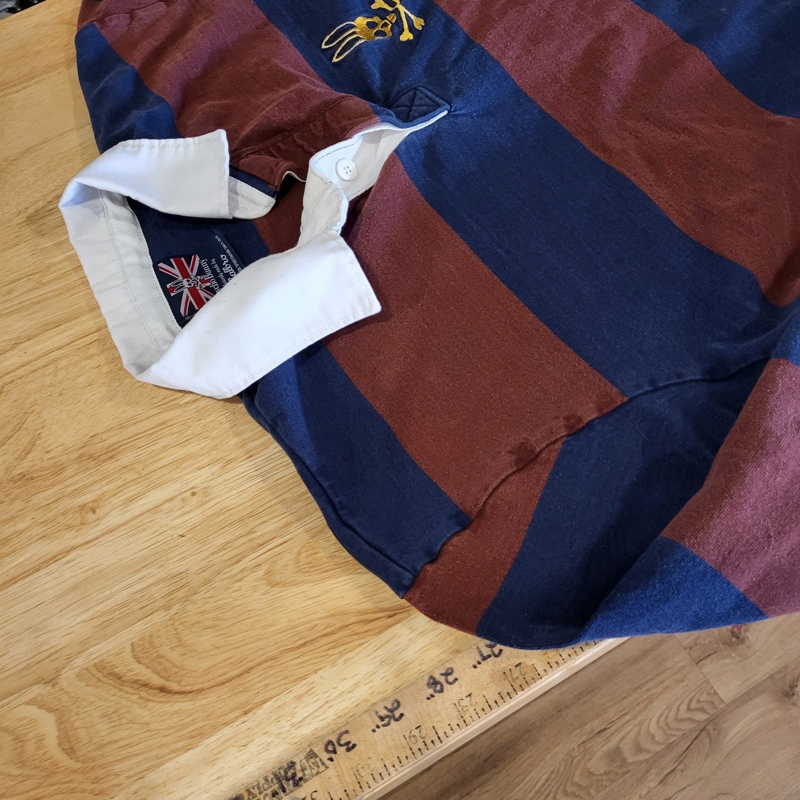 Psycho Bunny Maroon & Blue Rugby Shirt White Collar Logo (see bleach marks) 