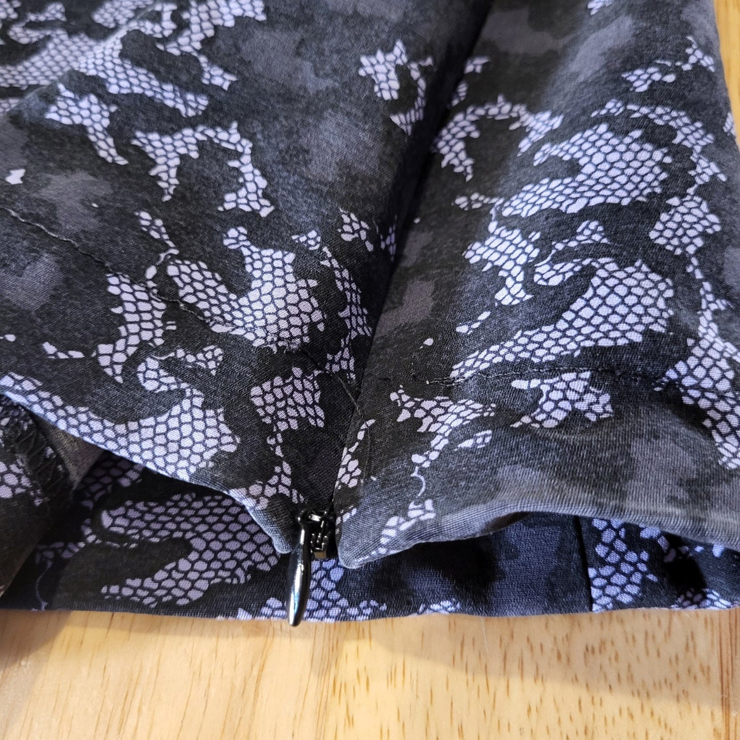 Doncaster purple and black lace print silks 3/4 length sleeve invisible zipper 
