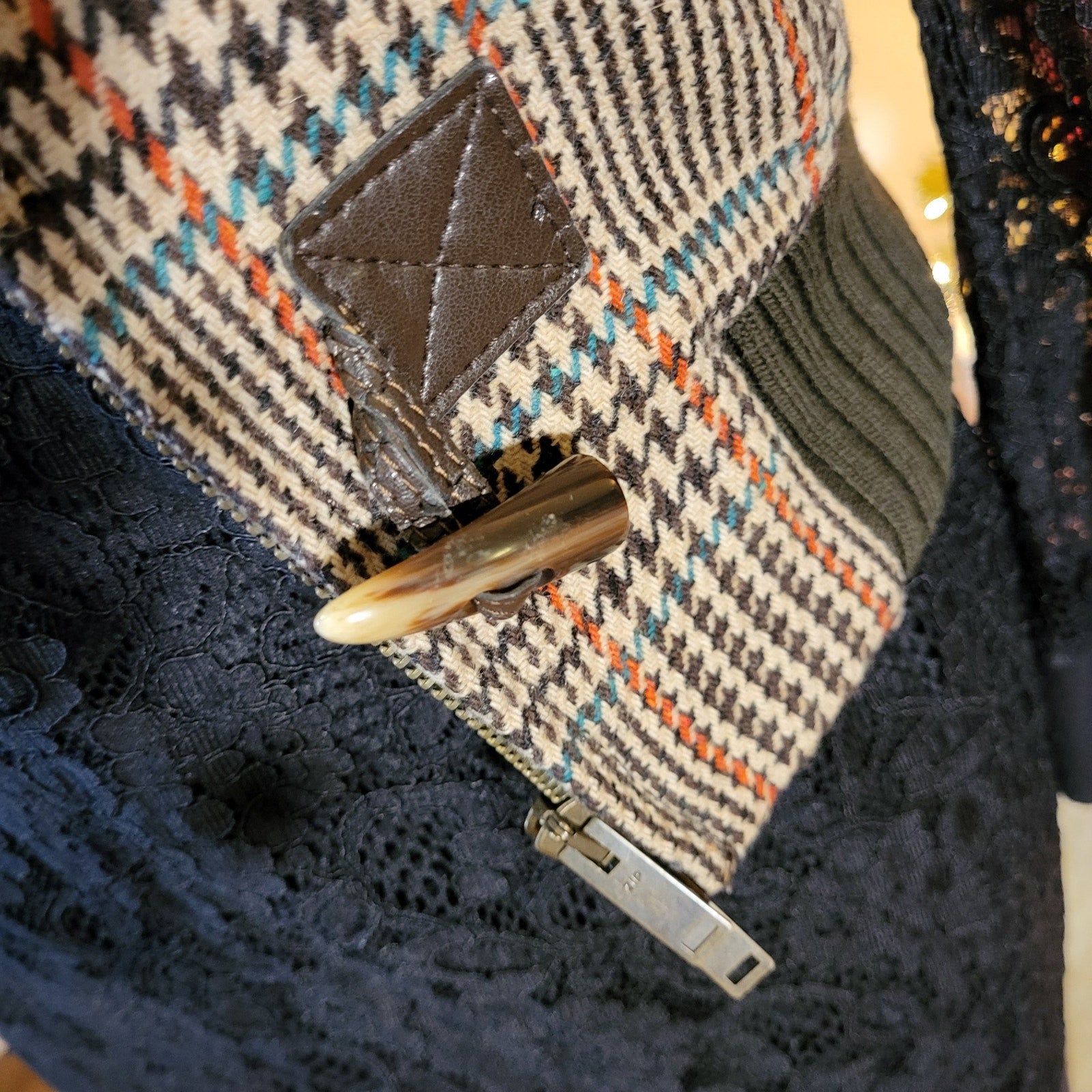 Vintage Benetton houndstooth vest brown trim cap sleeve wool blend small