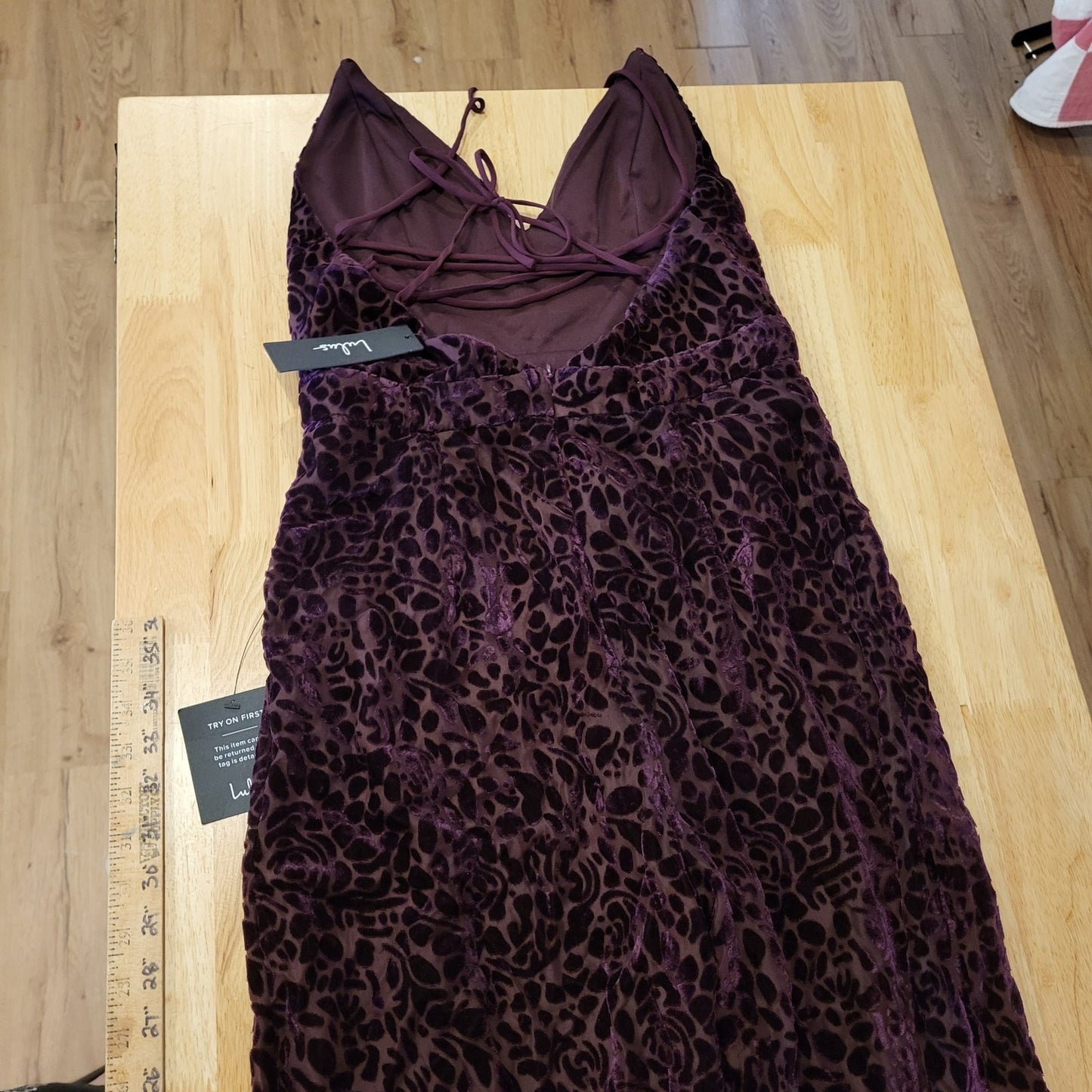 Lulu's Purple Plum Velvet Floral Burnout Spaghetti  Crisscross Back Wide leg