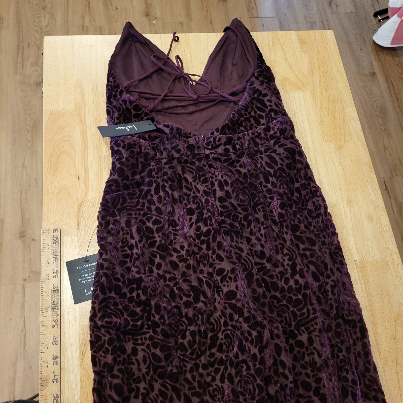 Lulu's Purple Plum Velvet Floral Burnout Spaghetti  Crisscross Back Wide leg