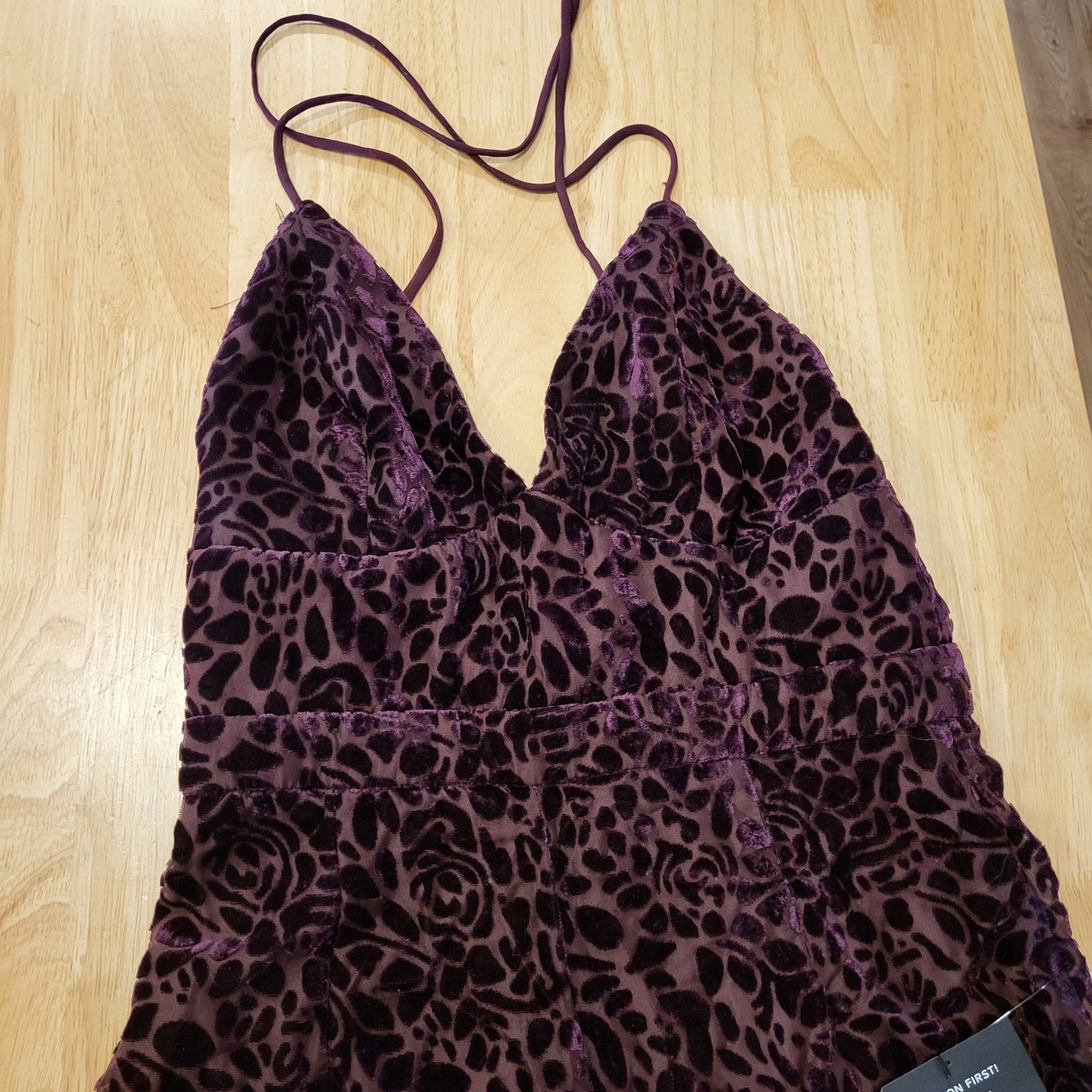 Lulu's Purple Plum Velvet Floral Burnout Spaghetti  Crisscross Back Wide leg
